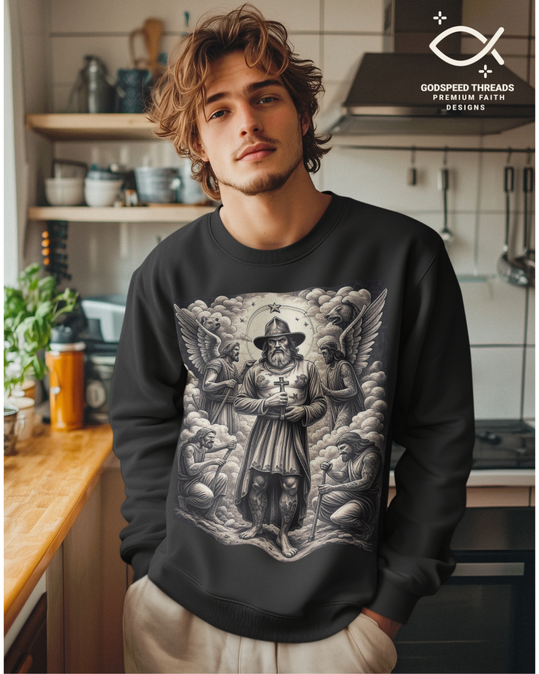 Person wearing a black sweatshirt with a graphic design in a kitchen setting