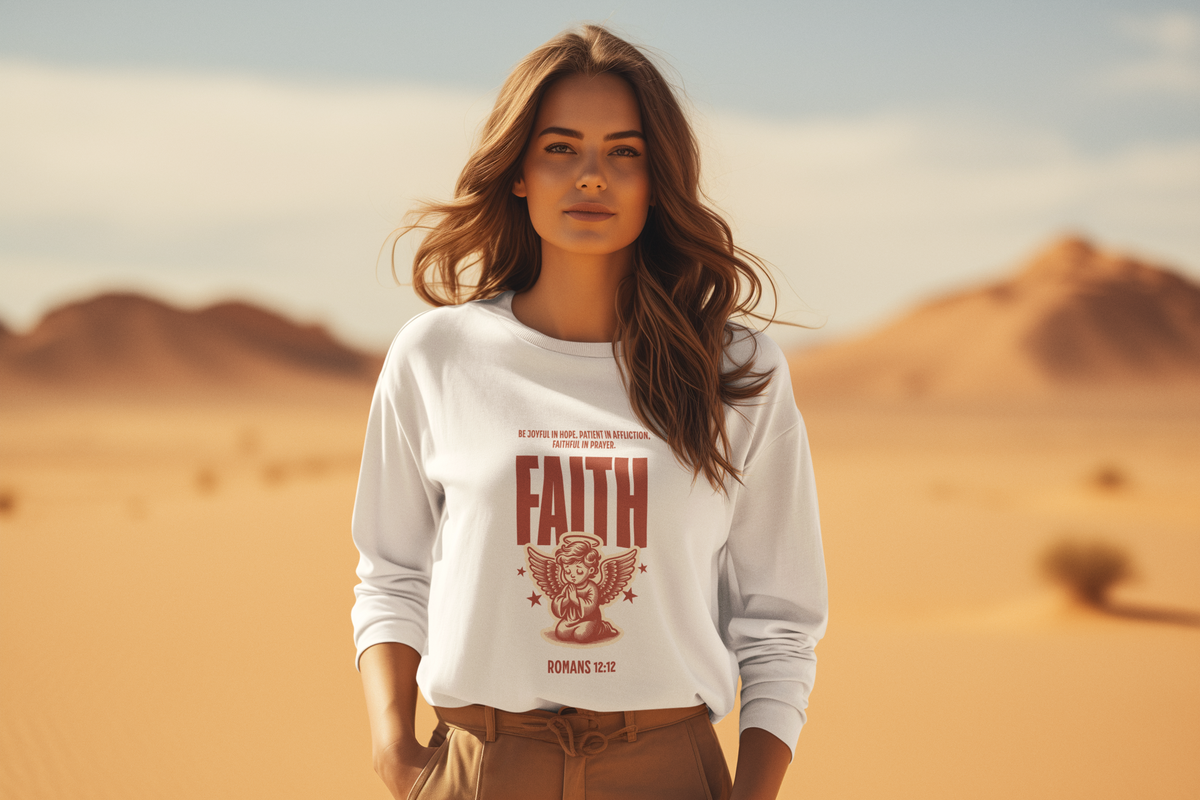 ⭐ Romans 12:12 Angel Faith Sweatshirt – Be Joyful, Patient, and Faithful