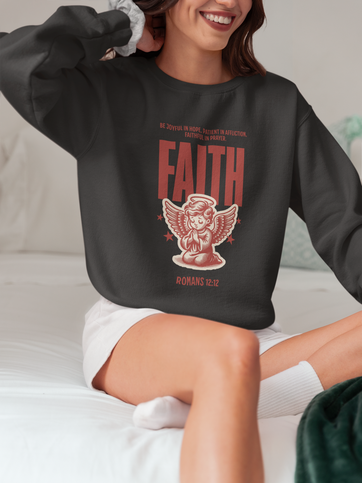 ⭐ Romans 12:12 Angel Faith Sweatshirt – Be Joyful, Patient, and Faithful