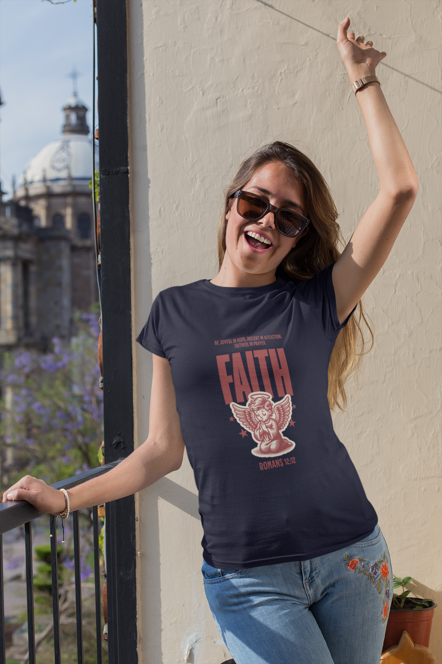 Faith Romans 12:12 Christian T-Shirt – Inspirational Angel Design