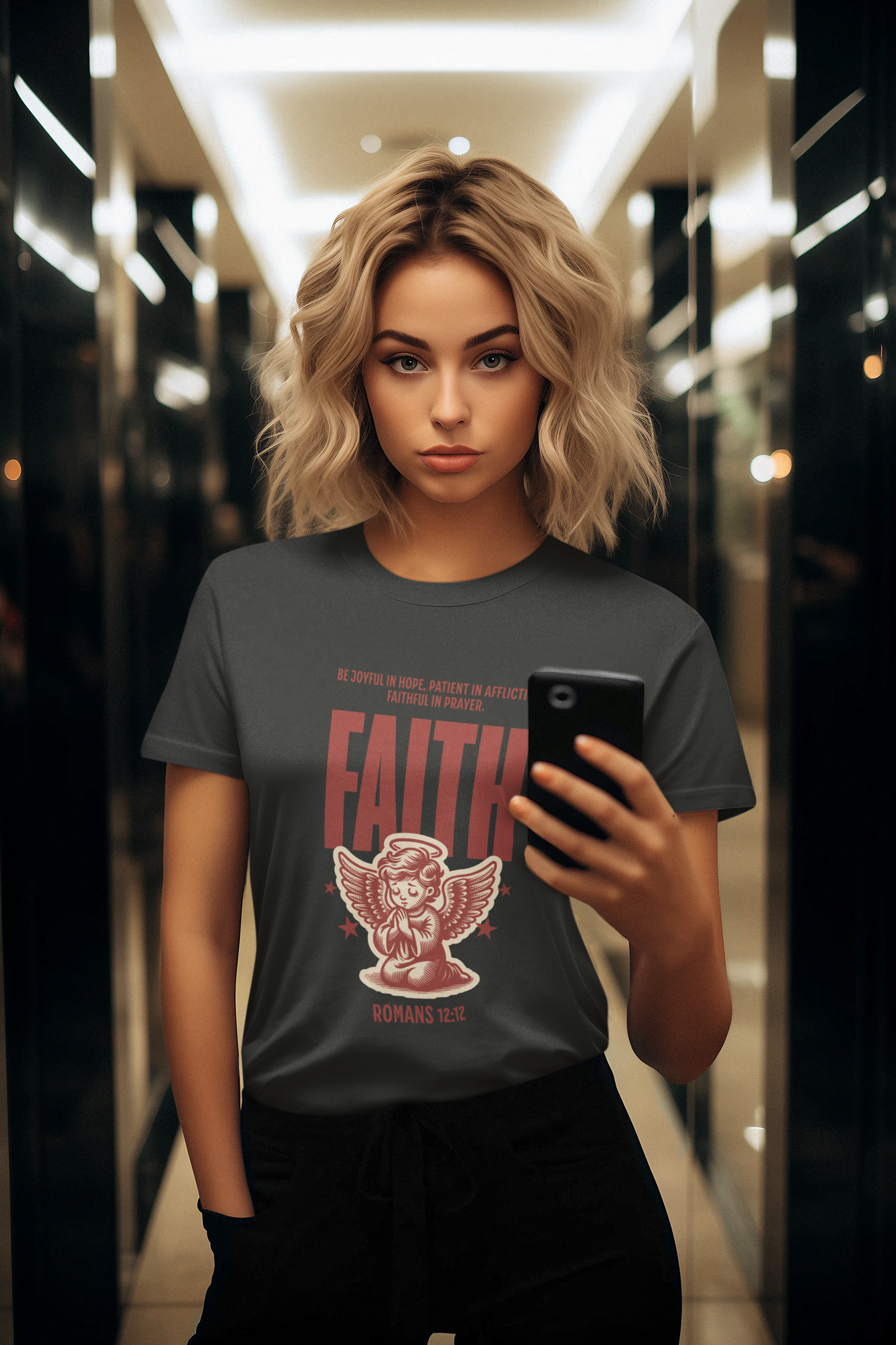 Faith Romans 12:12 Christian T-Shirt – Inspirational Angel Design