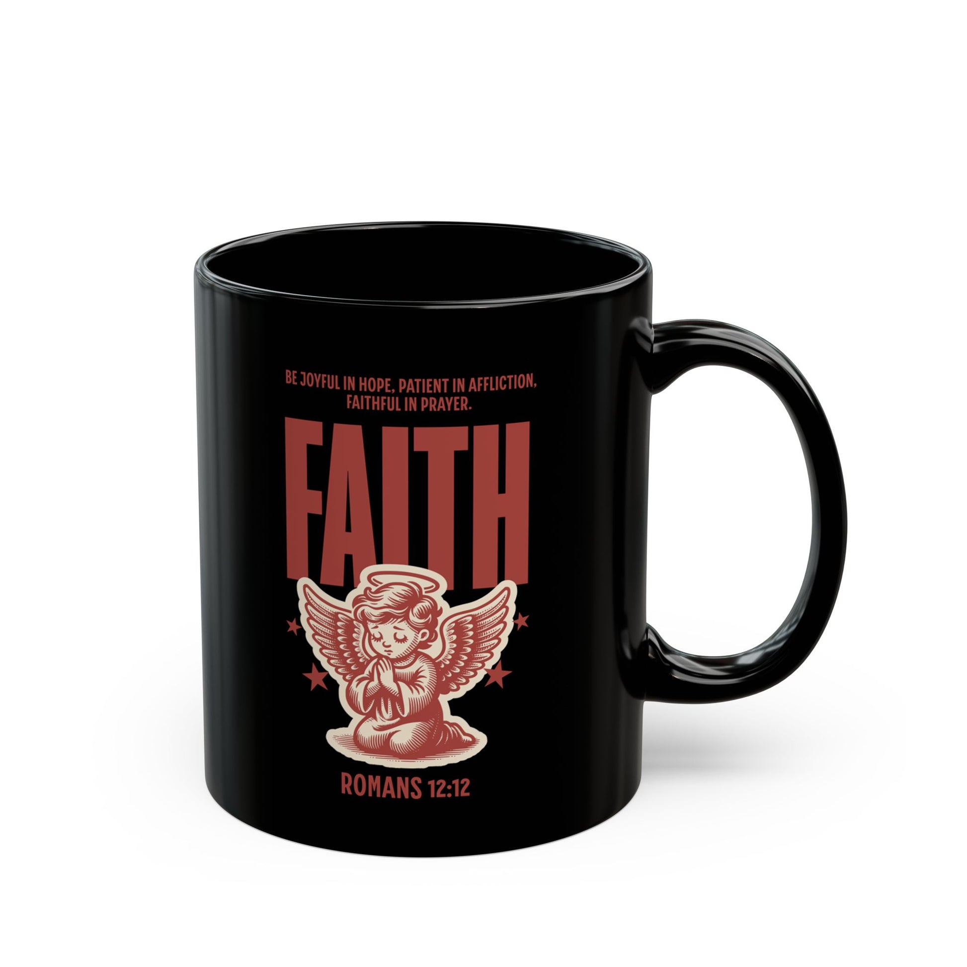 Black mug with red angel design and 'FAITH' text on a white background