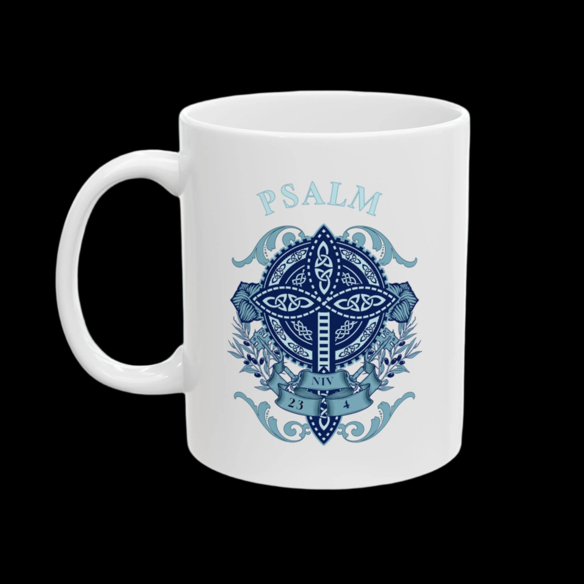“White ceramic mug with Celtic cross and Psalm 23:4 scripture”

“Christian coffee mug featuring ‘I will fear no evil’ verse”

“Faith-inspired Celtic design mug with Psalm reference”

“Inspirational religious drinkware with Bible verse”

“Microwave-safe Psalm 23:4 mug with floral and scroll cross artwork”

