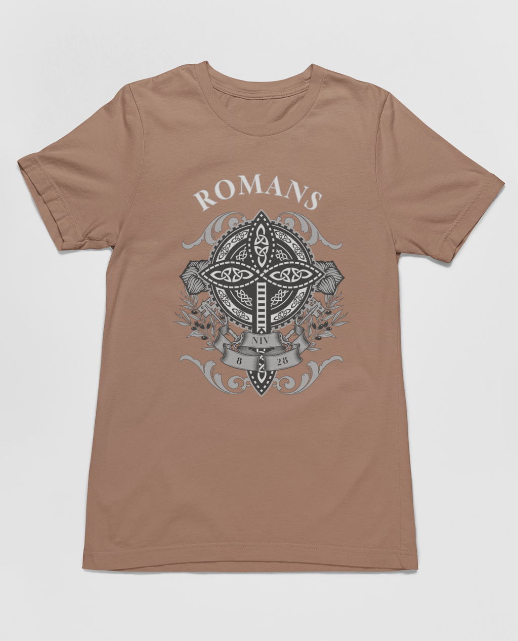 Christian Romans 8:28 Faith T-Shirt featuring the inspiring Bible verse "All Things Work Together for Good," with a cross-centered graphic and floral accents.