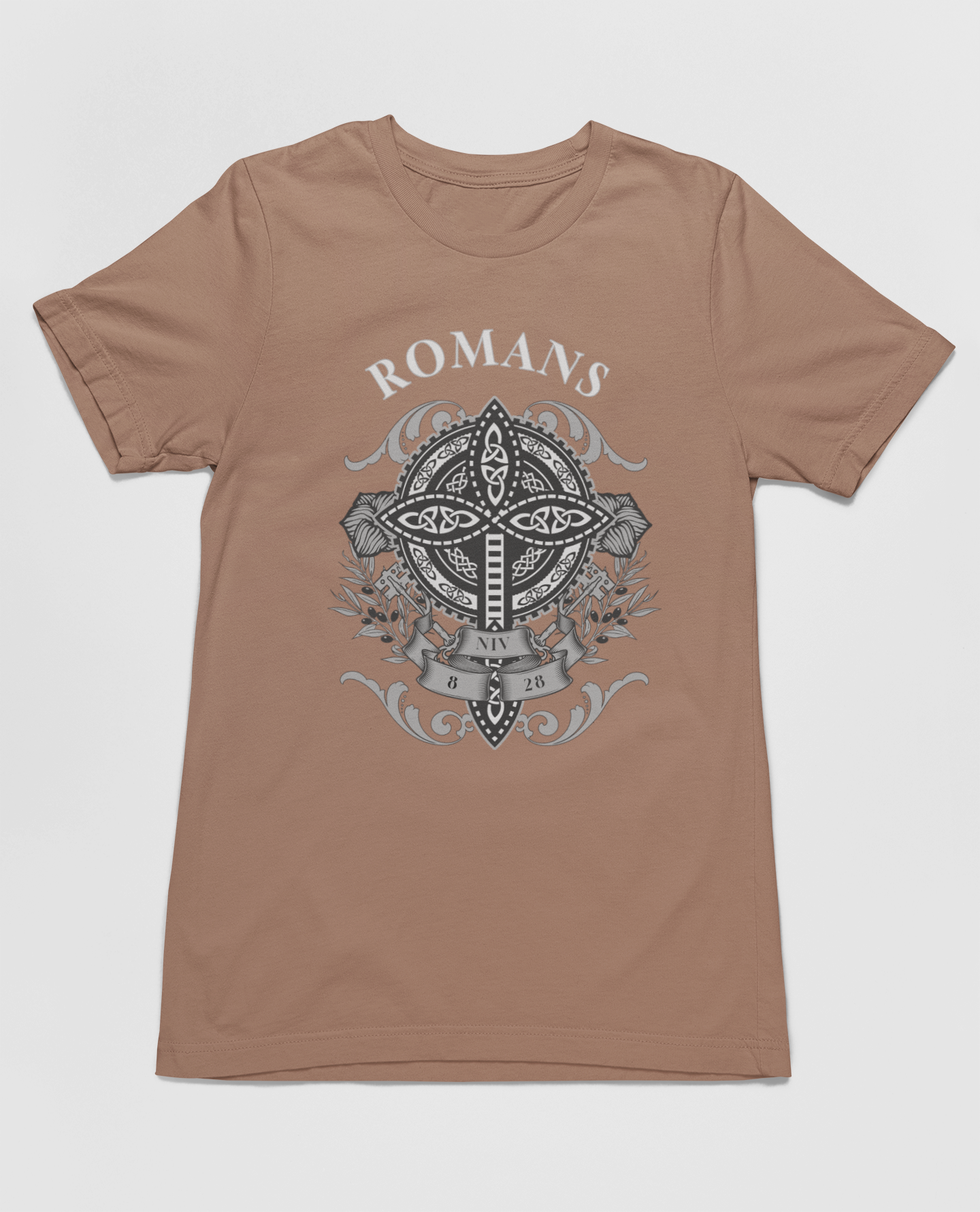 Christian Romans 8:28 Faith T-Shirt featuring the inspiring Bible verse "All Things Work Together for Good," with a cross-centered graphic and floral accents.