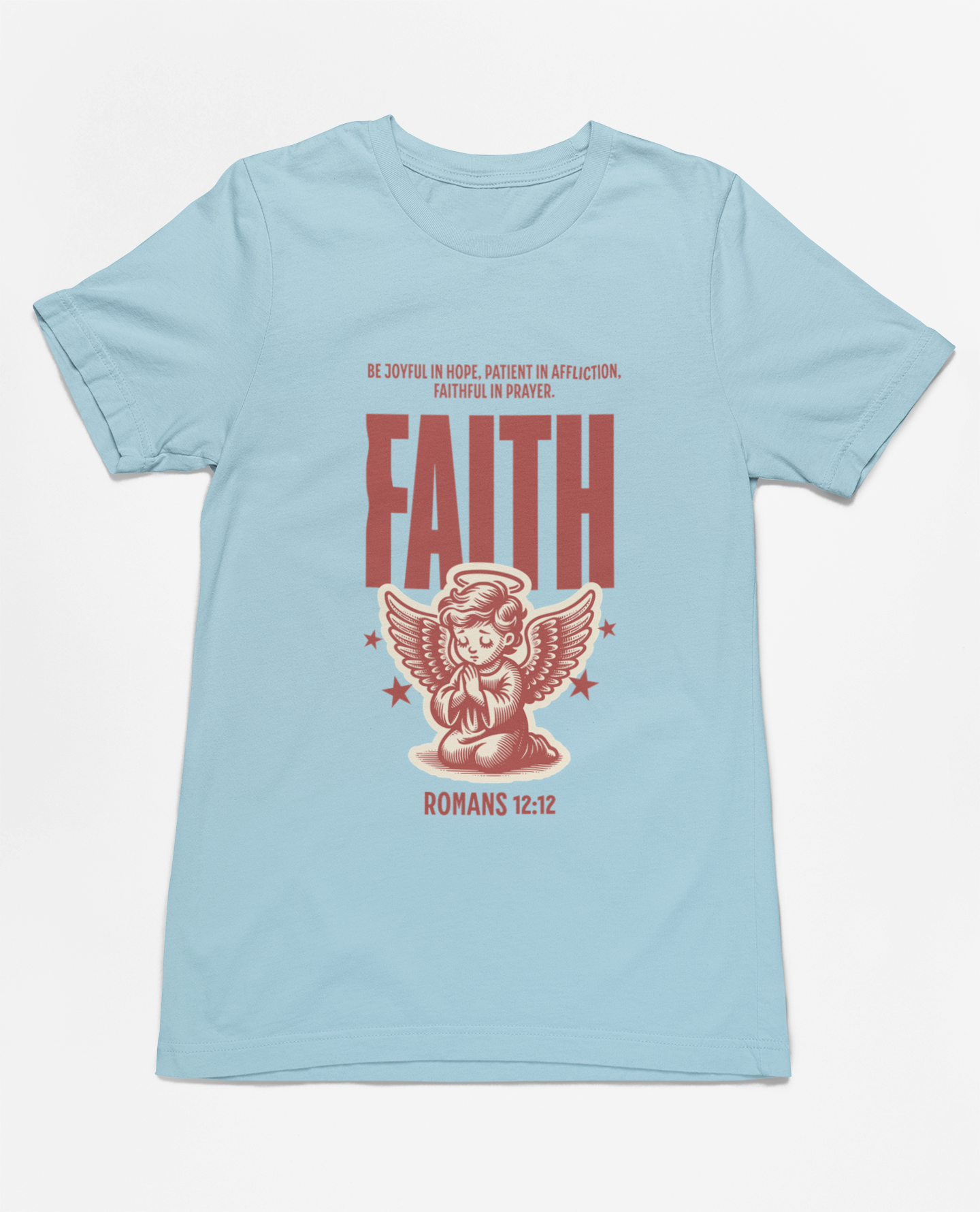 "Christian T-Shirt with 'Faith Romans 12:12' and angel illustration."
"Inspirational faith-based apparel with Bible verse design."
"Religious t-shirt for men and women with angel graphic and 'Faith' typography."
"Comfortable and soft Christian tee for everyday wear and church events."
"Uplifting Bible verse shirt spreading hope, faith, and love."