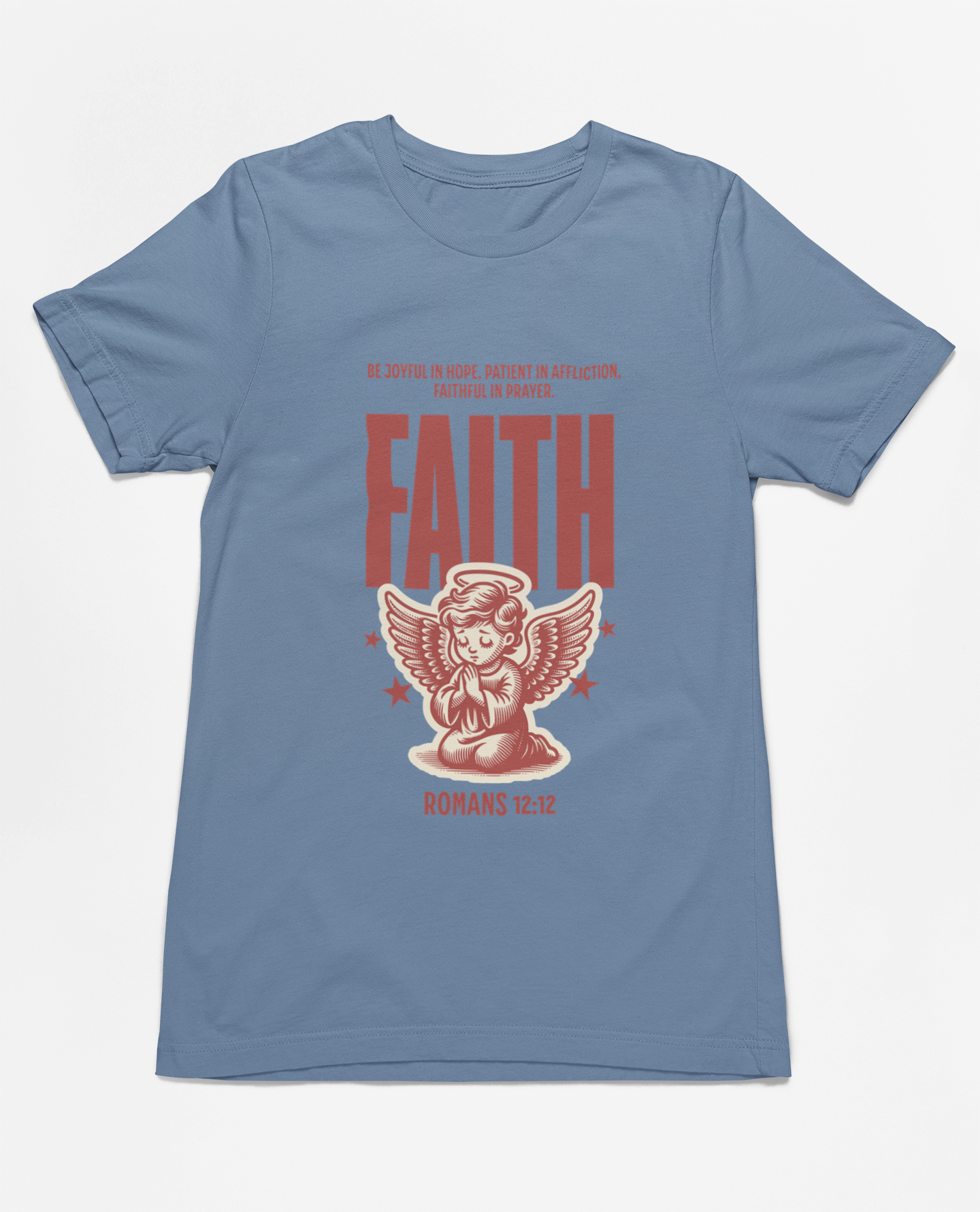 "Christian T-Shirt with 'Faith Romans 12:12' and angel illustration."
"Inspirational faith-based apparel with Bible verse design."
"Religious t-shirt for men and women with angel graphic and 'Faith' typography."
"Comfortable and soft Christian tee for everyday wear and church events."
"Uplifting Bible verse shirt spreading hope, faith, and love."