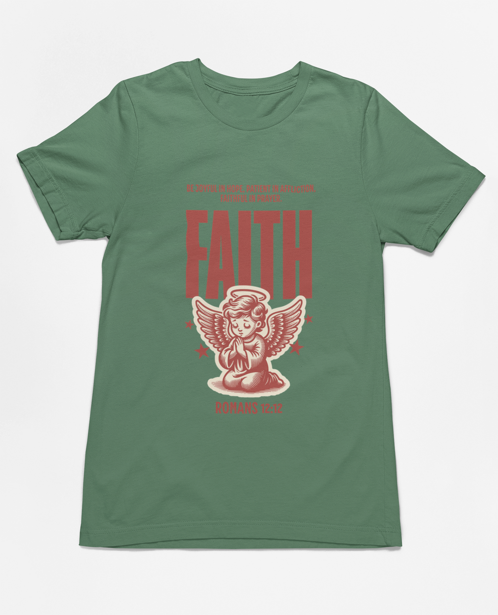 "Christian T-Shirt with 'Faith Romans 12:12' and angel illustration."
"Inspirational faith-based apparel with Bible verse design."
"Religious t-shirt for men and women with angel graphic and 'Faith' typography."
"Comfortable and soft Christian tee for everyday wear and church events."
"Uplifting Bible verse shirt spreading hope, faith, and love."