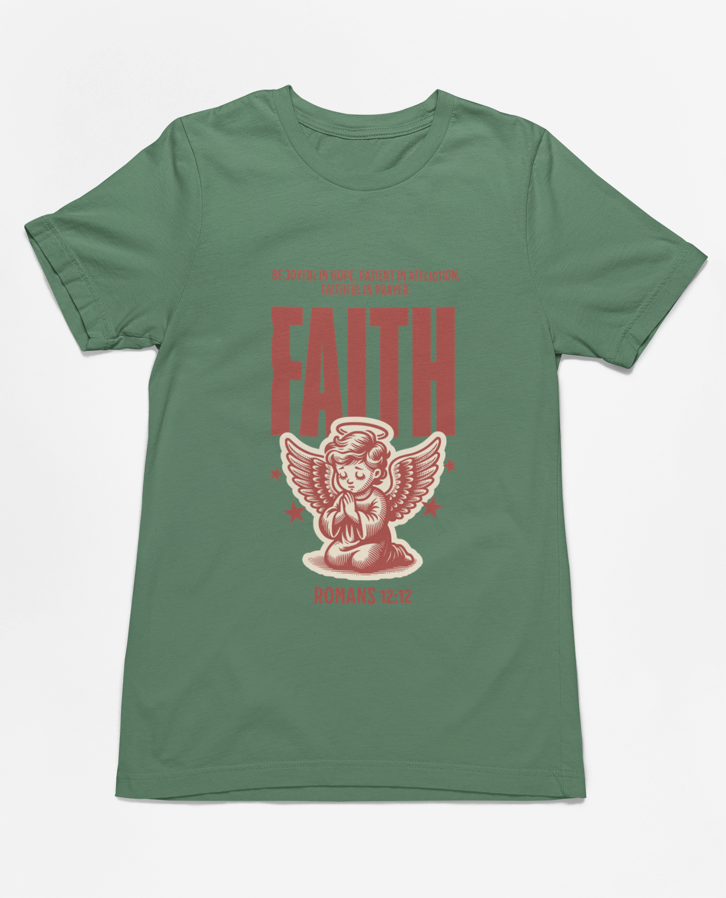 "Christian T-Shirt with 'Faith Romans 12:12' and angel illustration."
"Inspirational faith-based apparel with Bible verse design."
"Religious t-shirt for men and women with angel graphic and 'Faith' typography."
"Comfortable and soft Christian tee for everyday wear and church events."
"Uplifting Bible verse shirt spreading hope, faith, and love."