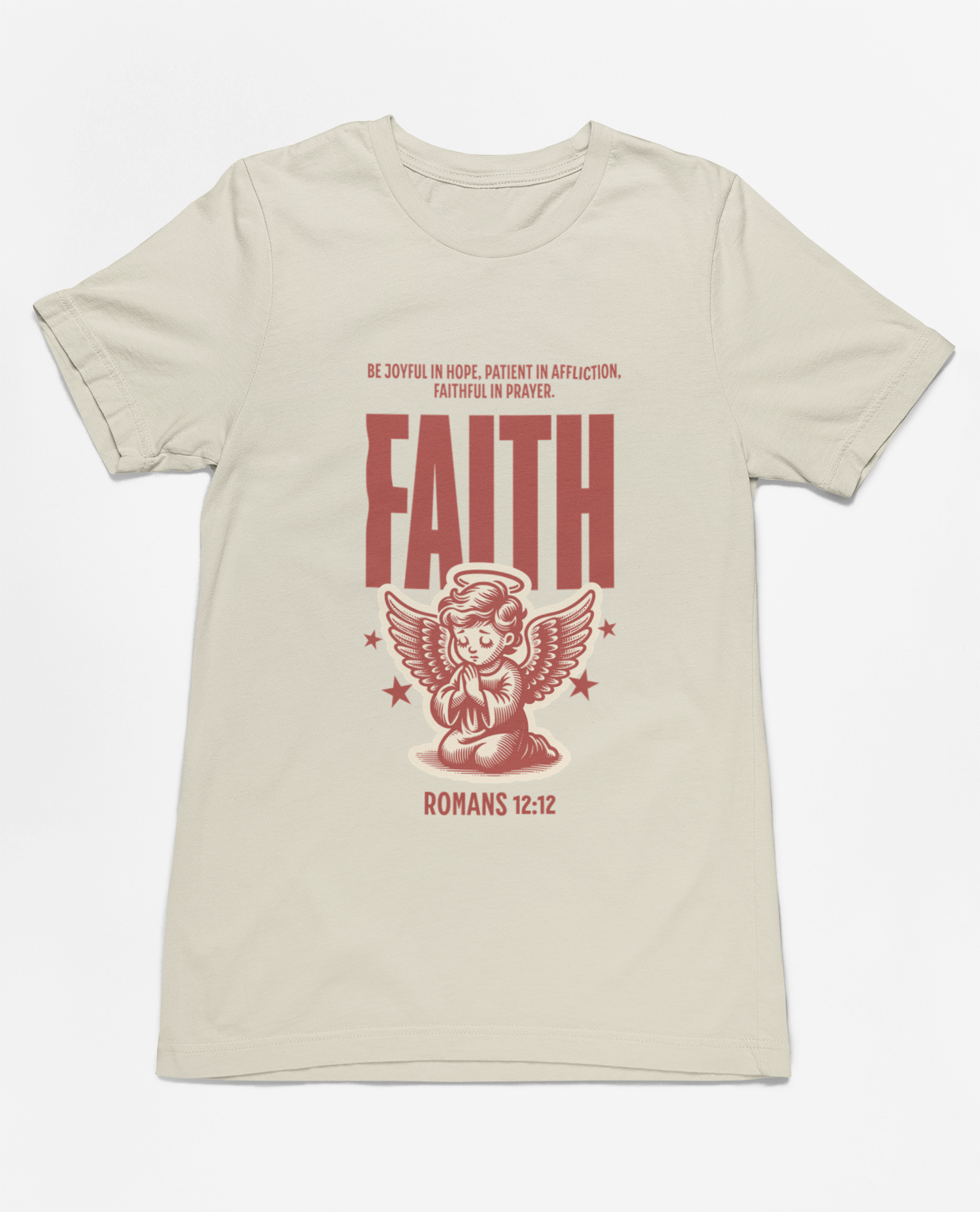 "Christian T-Shirt with 'Faith Romans 12:12' and angel illustration."
"Inspirational faith-based apparel with Bible verse design."
"Religious t-shirt for men and women with angel graphic and 'Faith' typography."
"Comfortable and soft Christian tee for everyday wear and church events."
"Uplifting Bible verse shirt spreading hope, faith, and love."