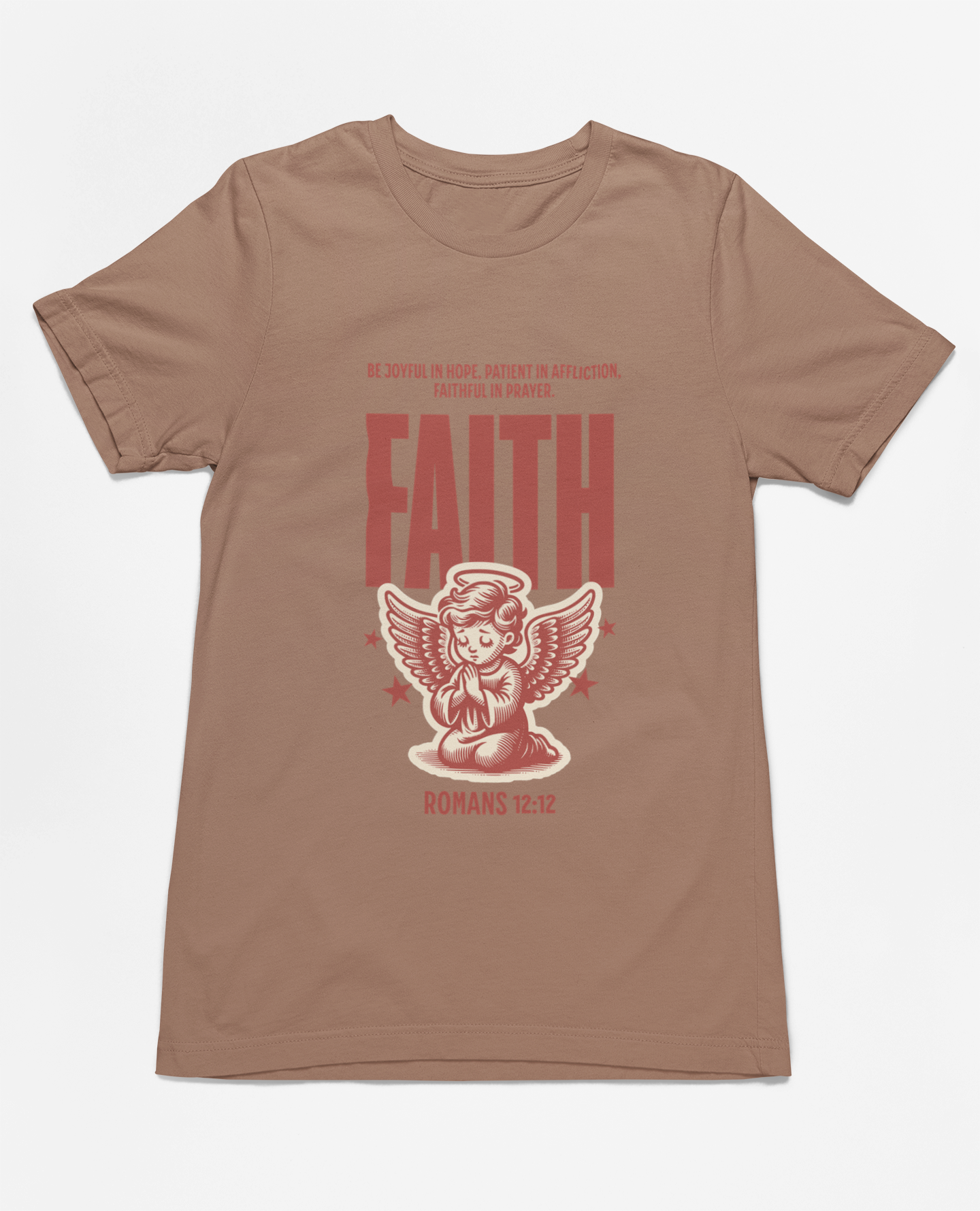 "Christian T-Shirt with 'Faith Romans 12:12' and angel illustration."
"Inspirational faith-based apparel with Bible verse design."
"Religious t-shirt for men and women with angel graphic and 'Faith' typography."
"Comfortable and soft Christian tee for everyday wear and church events."
"Uplifting Bible verse shirt spreading hope, faith, and love."