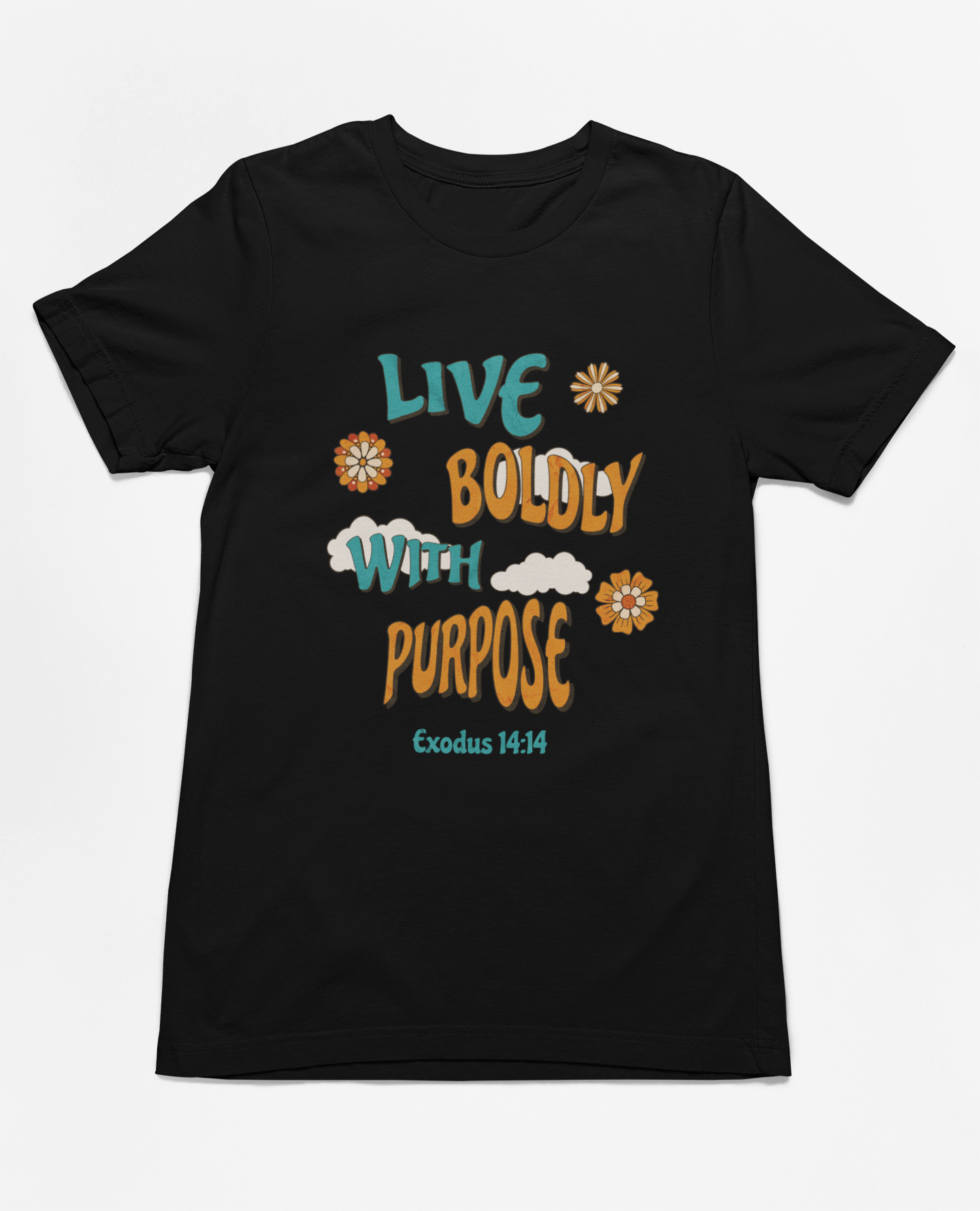 Christian Inspirational Live Boldly With Purpose T-Shirt, Exodus 14:14 scripture t-shirt, retro-inspired faith t-shirt, motivational Christian shirt, unisex faith-based apparel, inspirational religious clothing, cotton Christian shirt, floral retro scripture t-shirt, Christian outfit for believers