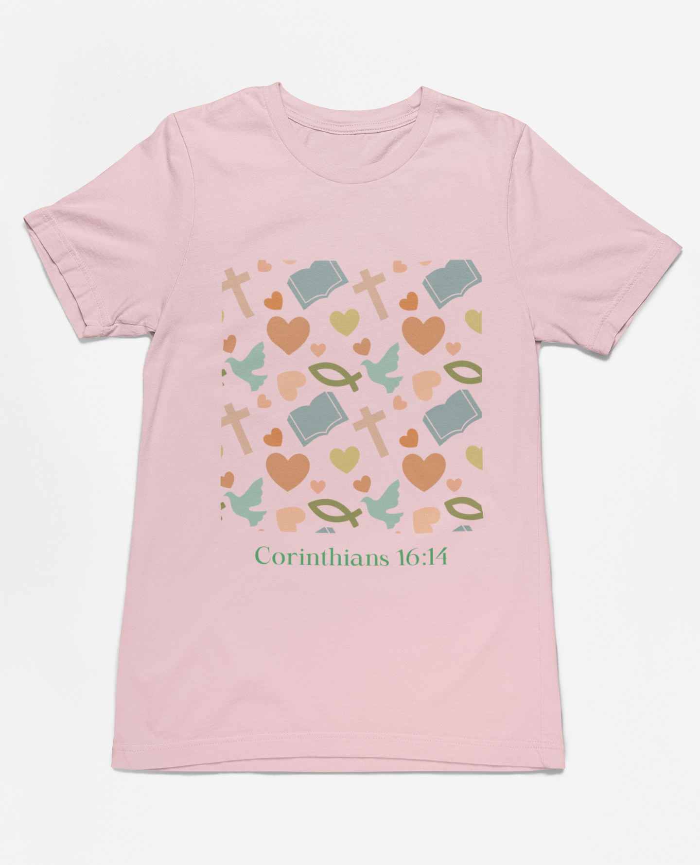 "short sleeve t-shirt with Corinthians 16:14 scripture and faith-inspired design featuring doves, hearts, and crosses."
"Faith-inspired t-shirt with Corinthians 16:14 quote and pastel design."
"Corinthians 16:14 Christian t-shirt with doves and crosses in soft colors."
"Comfortable and stylish t-shirt featuring faith and love symbols."
"Faith-based design t-shirt for spiritual and daily wear."