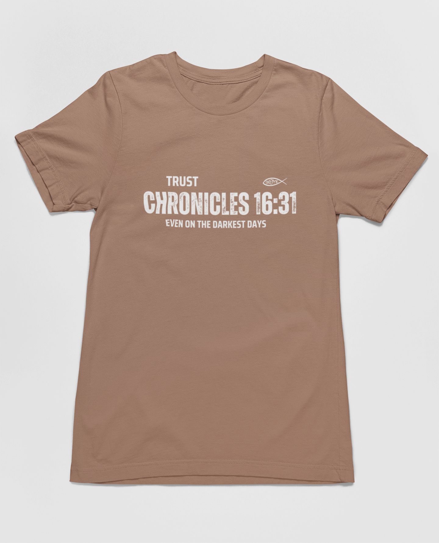 "Brown t-shirt featuring Chronicles 16:31 scripture and ichthys symbol design."
"Faith-inspired Chronicles 16:31 t-shirt with minimalist typography."
"Trust Chronicles 16:31 t-shirt for strength and encouragement in faith."
"Christian t-shirt featuring scripture design with ichthys symbol."
"Inspirational Bible verse t-shirt for everyday faith expression."