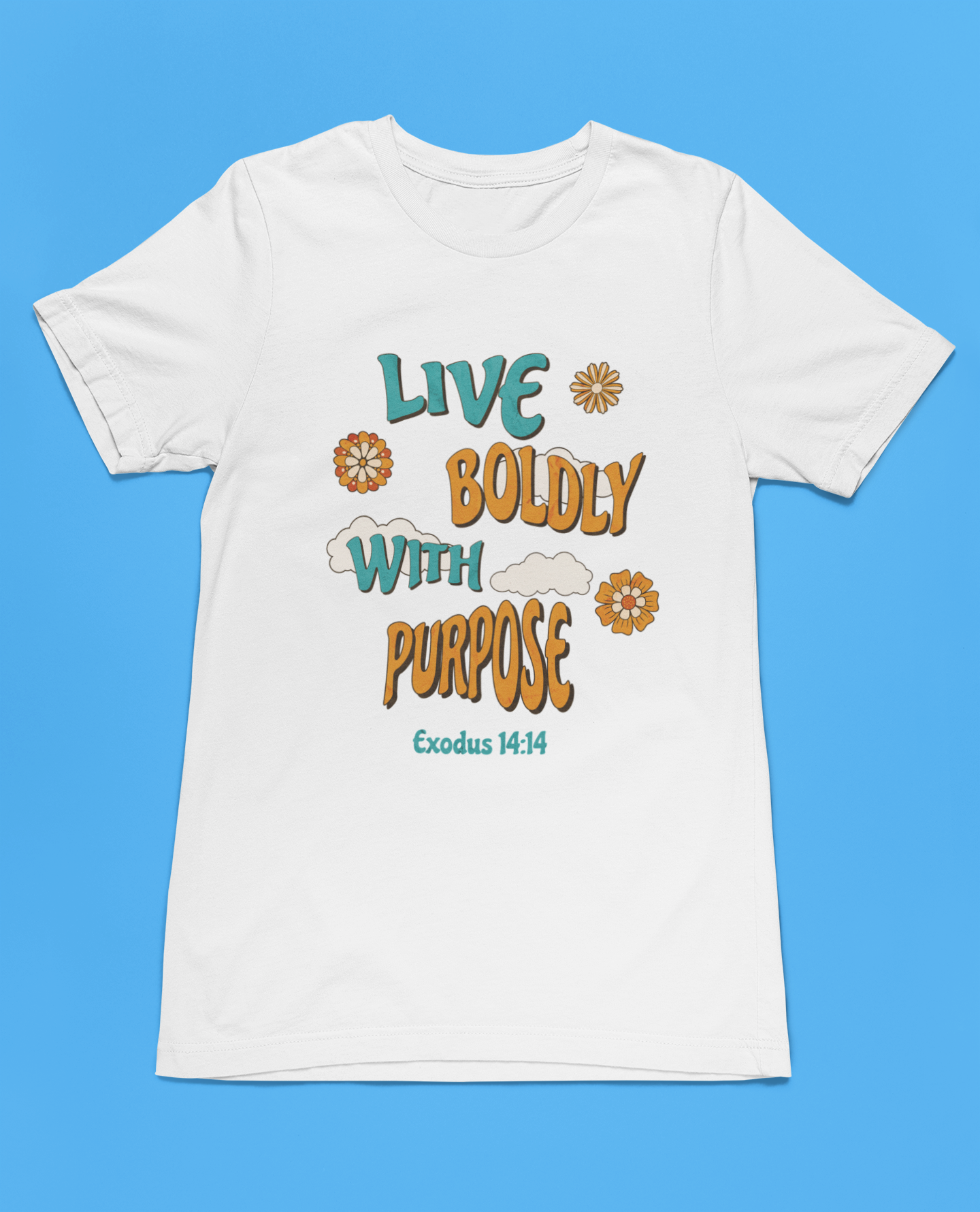 Christian Inspirational Live Boldly With Purpose T-Shirt, Exodus 14:14 scripture t-shirt, retro-inspired faith t-shirt, motivational Christian shirt, unisex faith-based apparel, inspirational religious clothing, cotton Christian shirt, floral retro scripture t-shirt, Christian outfit for believers