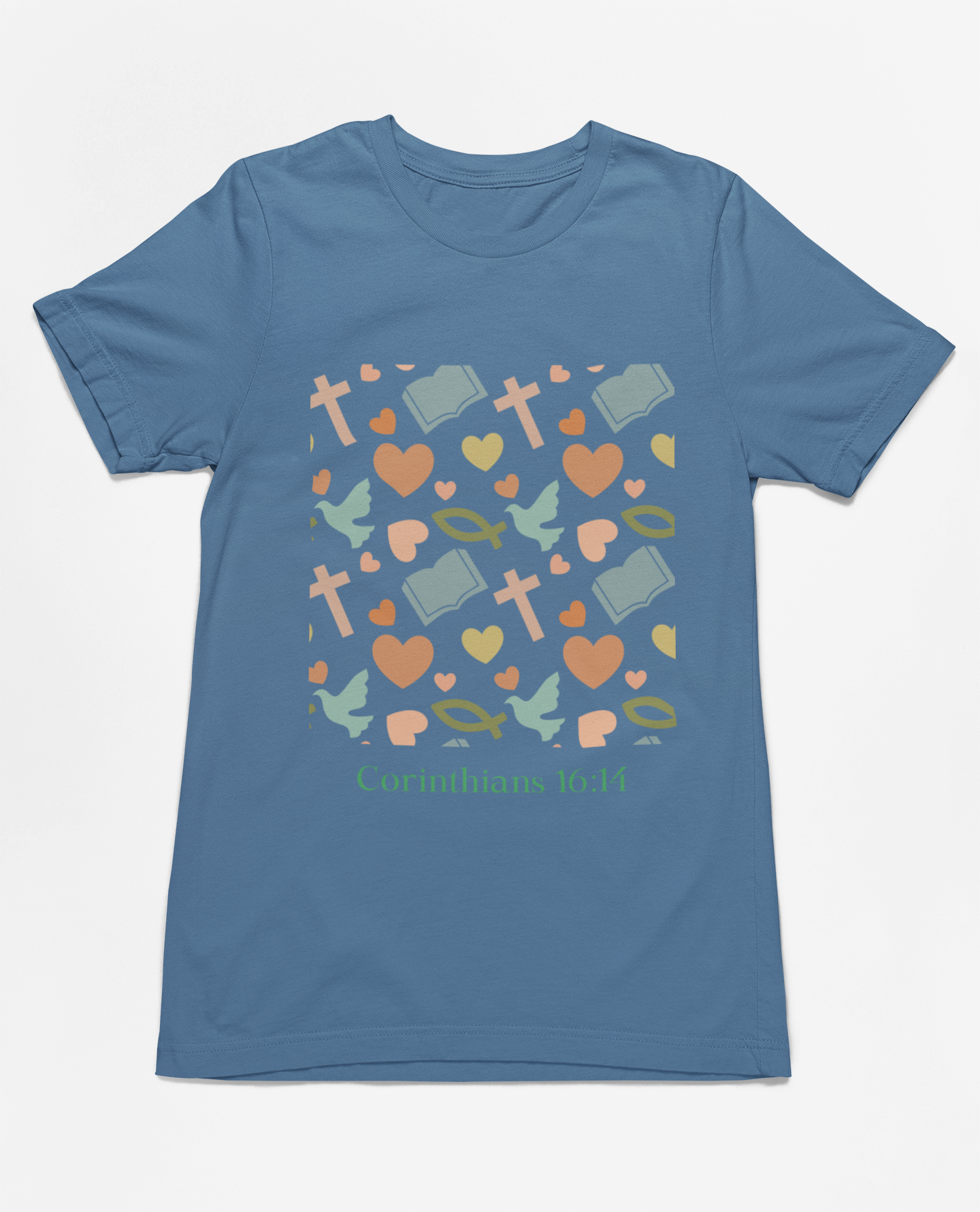 "Blue short sleeve t-shirt with Corinthians 16:14 scripture and faith-inspired design featuring doves, hearts, and crosses."
"Faith-inspired t-shirt with Corinthians 16:14 quote and pastel design."
"Corinthians 16:14 Christian t-shirt with doves and crosses in soft colors."
"Comfortable and stylish blue t-shirt featuring faith and love symbols."
"Faith-based design t-shirt for spiritual and daily wear."