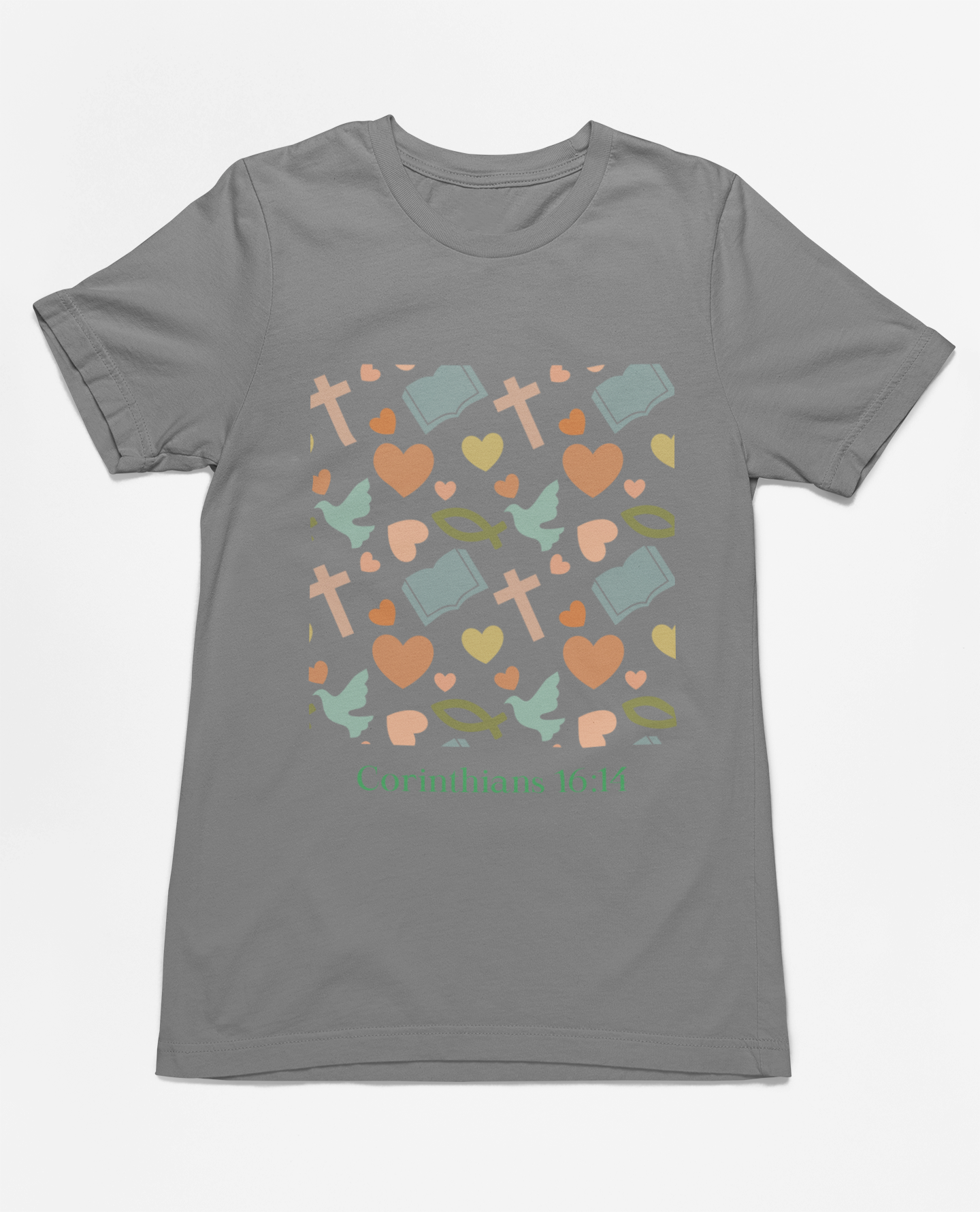 "short sleeve t-shirt with Corinthians 16:14 scripture and faith-inspired design featuring doves, hearts, and crosses."
"Faith-inspired t-shirt with Corinthians 16:14 quote and pastel design."
"Corinthians 16:14 Christian t-shirt with doves and crosses in soft colors."
"Comfortable and stylish t-shirt featuring faith and love symbols."
"Faith-based design t-shirt for spiritual and daily wear."