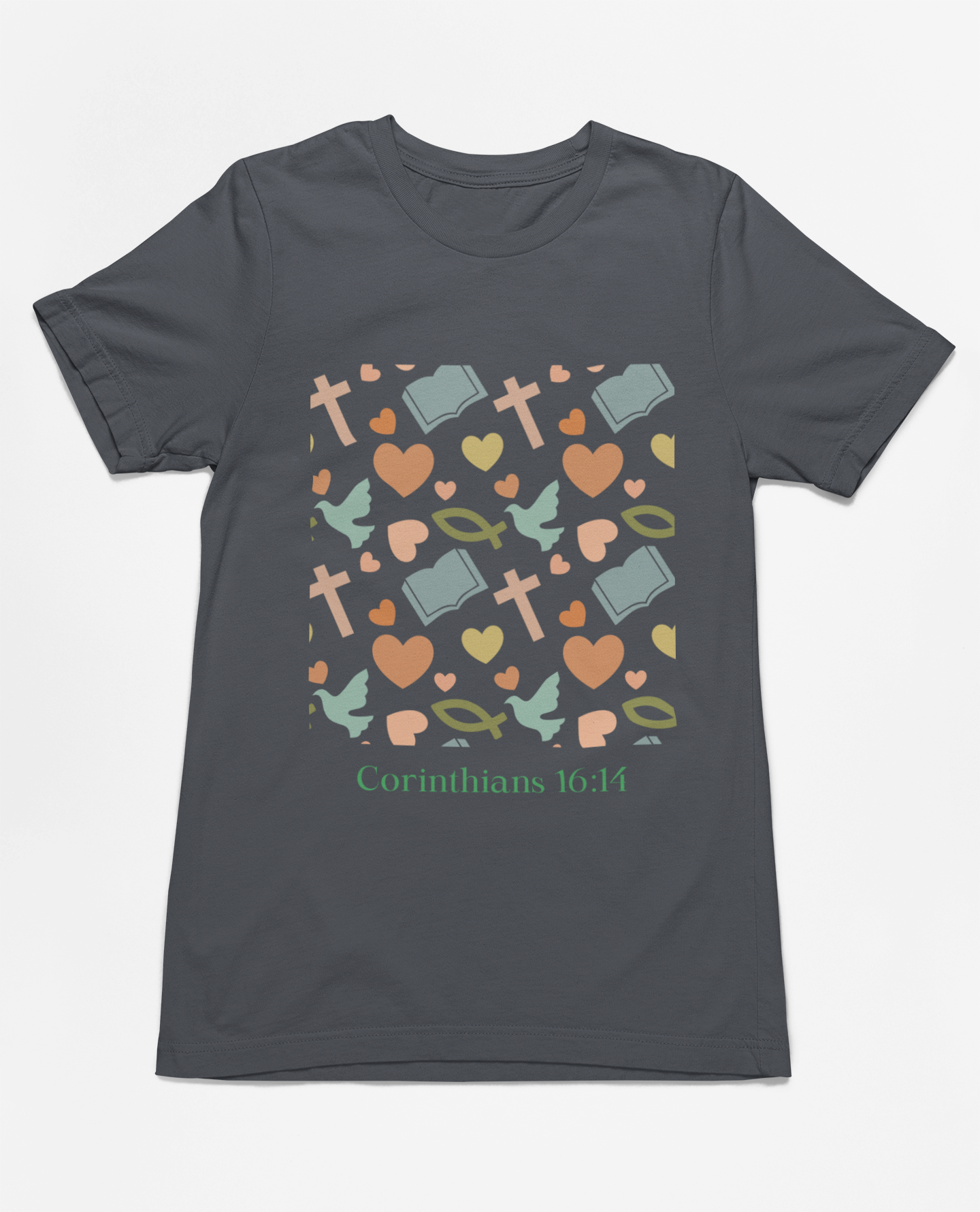 "short sleeve t-shirt with Corinthians 16:14 scripture and faith-inspired design featuring doves, hearts, and crosses."
"Faith-inspired t-shirt with Corinthians 16:14 quote and pastel design."
"Corinthians 16:14 Christian t-shirt with doves and crosses in soft colors."
"Comfortable and stylish t-shirt featuring faith and love symbols."
"Faith-based design t-shirt for spiritual and daily wear."