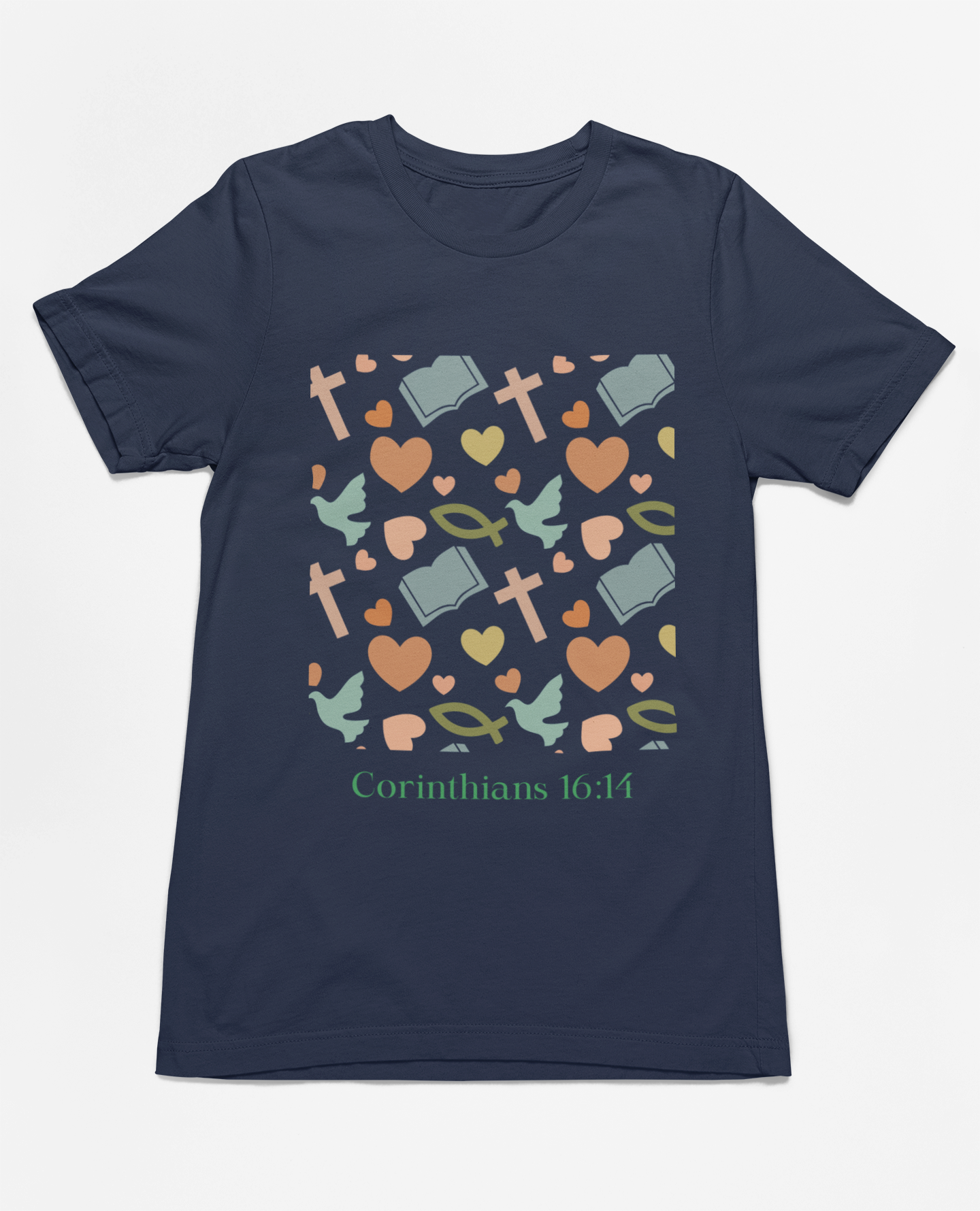 "short sleeve t-shirt with Corinthians 16:14 scripture and faith-inspired design featuring doves, hearts, and crosses."
"Faith-inspired t-shirt with Corinthians 16:14 quote and pastel design."
"Corinthians 16:14 Christian t-shirt with doves and crosses in soft colors."
"Comfortable and stylish t-shirt featuring faith and love symbols."
"Faith-based design t-shirt for spiritual and daily wear."