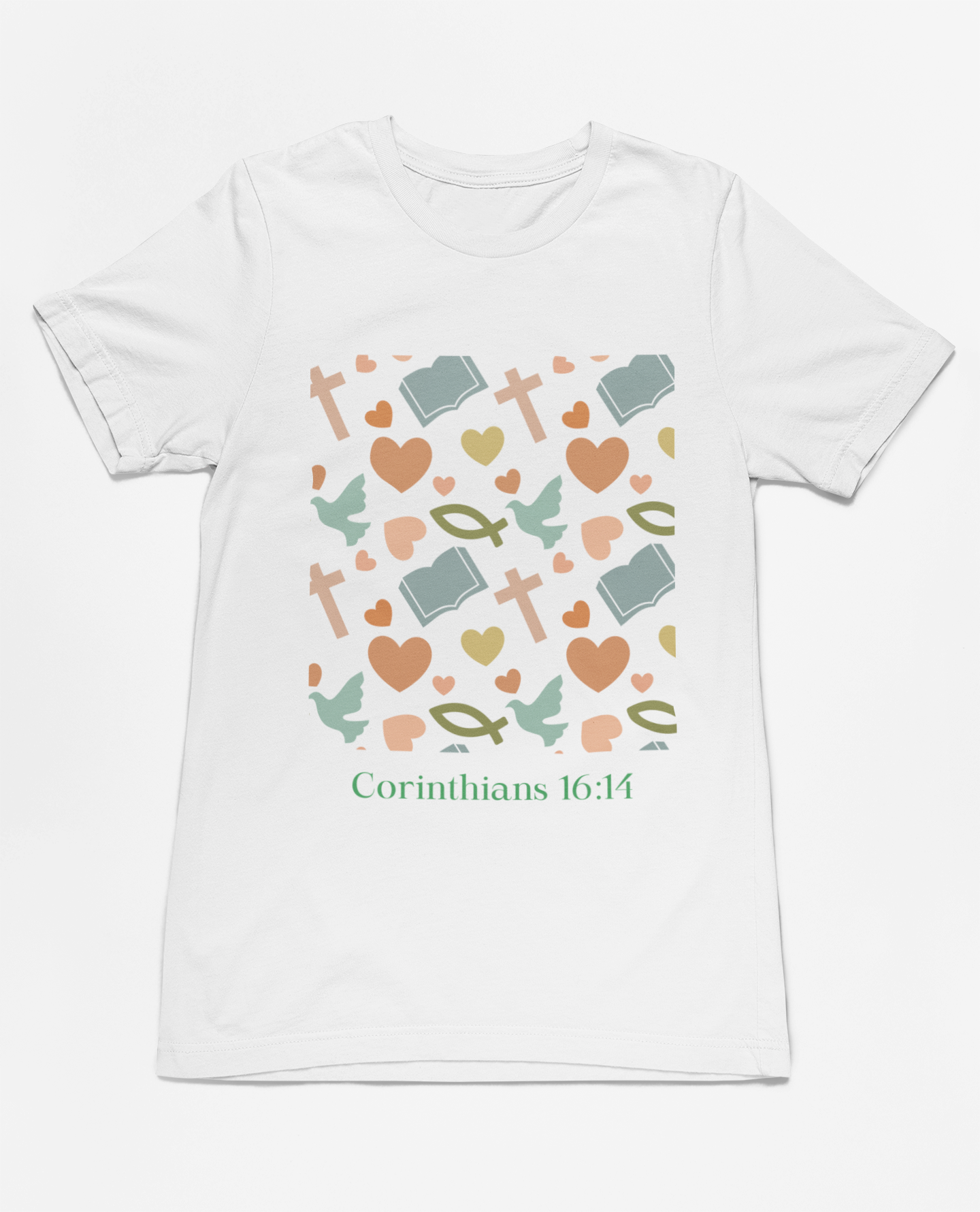 "short sleeve t-shirt with Corinthians 16:14 scripture and faith-inspired design featuring doves, hearts, and crosses."
"Faith-inspired t-shirt with Corinthians 16:14 quote and pastel design."
"Corinthians 16:14 Christian t-shirt with doves and crosses in soft colors."
"Comfortable and stylish t-shirt featuring faith and love symbols."
"Faith-based design t-shirt for spiritual and daily wear."