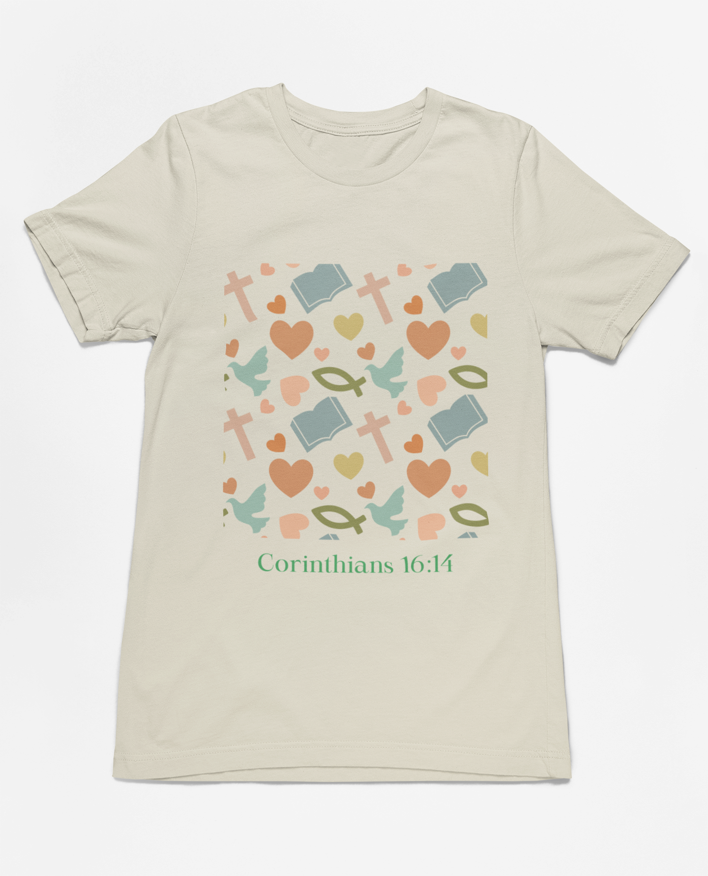 "short sleeve t-shirt with Corinthians 16:14 scripture and faith-inspired design featuring doves, hearts, and crosses."
"Faith-inspired t-shirt with Corinthians 16:14 quote and pastel design."
"Corinthians 16:14 Christian t-shirt with doves and crosses in soft colors."
"Comfortable and stylish t-shirt featuring faith and love symbols."
"Faith-based design t-shirt for spiritual and daily wear."