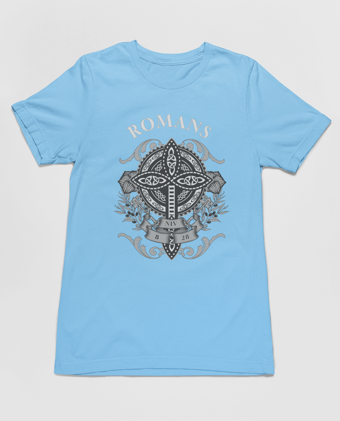 Christian Romans 8:28 Faith T-Shirt featuring the inspiring Bible verse "All Things Work Together for Good," with a cross-centered graphic and floral accents.