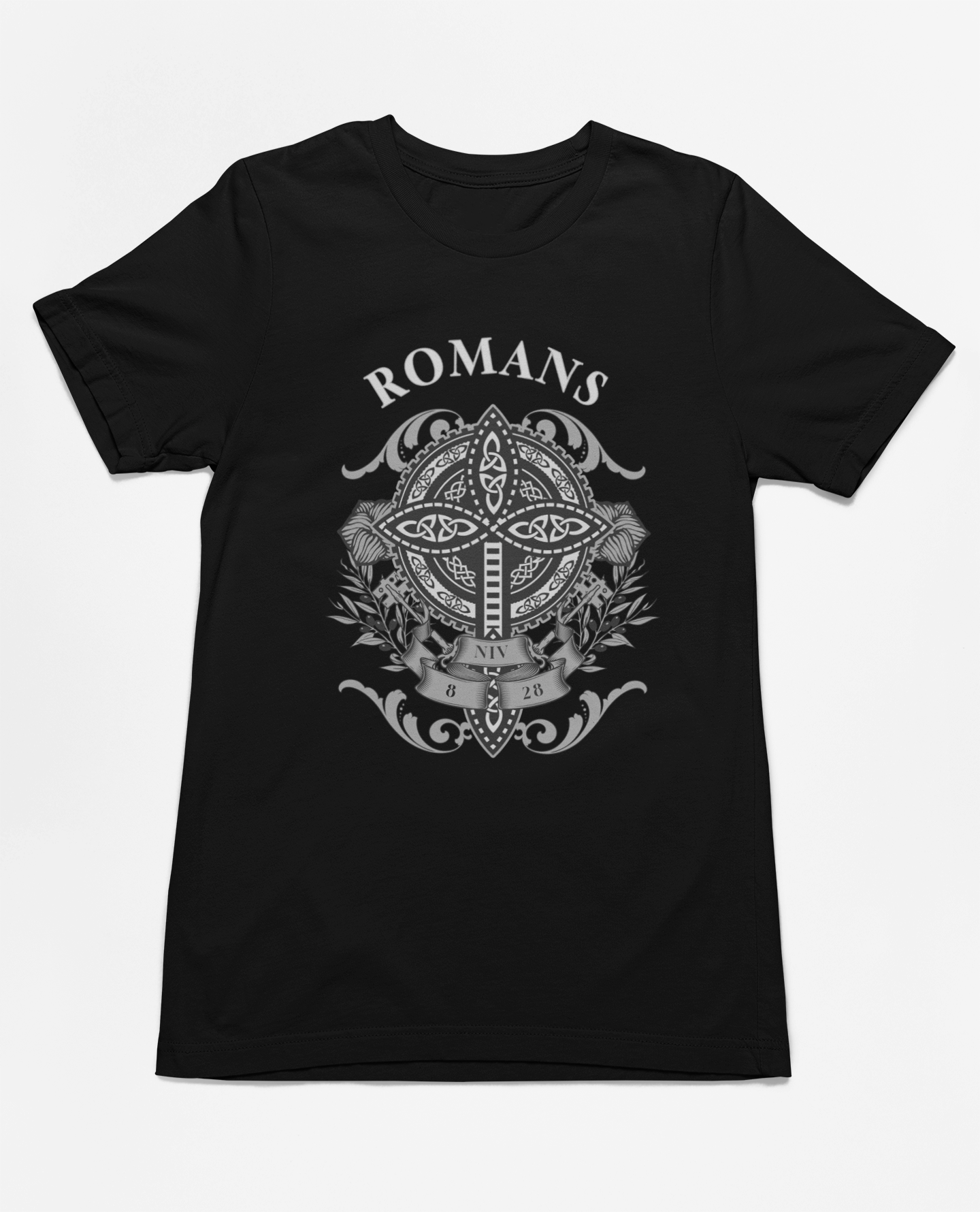 Christian Romans 8:28 Faith T-Shirt featuring the inspiring Bible verse "All Things Work Together for Good," with a cross-centered graphic and floral accents.
