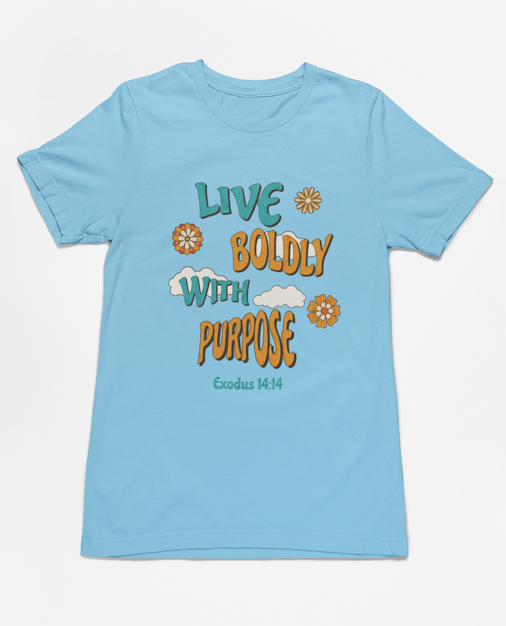 Christian Inspirational Live Boldly With Purpose T-Shirt, Exodus 14:14 scripture t-shirt, retro-inspired faith t-shirt, motivational Christian shirt, unisex faith-based apparel, inspirational religious clothing, cotton Christian shirt, floral retro scripture t-shirt, Christian outfit for believers