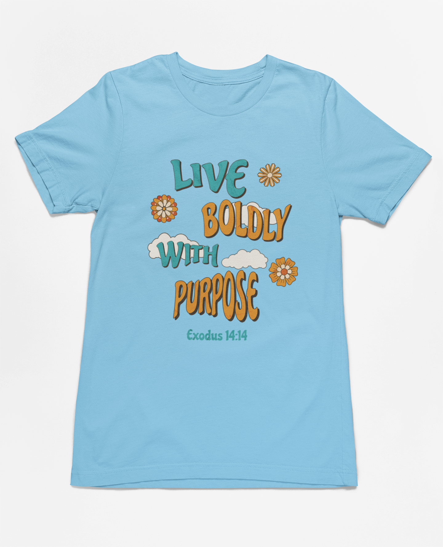 Christian Inspirational Live Boldly With Purpose T-Shirt, Exodus 14:14 scripture t-shirt, retro-inspired faith t-shirt, motivational Christian shirt, unisex faith-based apparel, inspirational religious clothing, cotton Christian shirt, floral retro scripture t-shirt, Christian outfit for believers