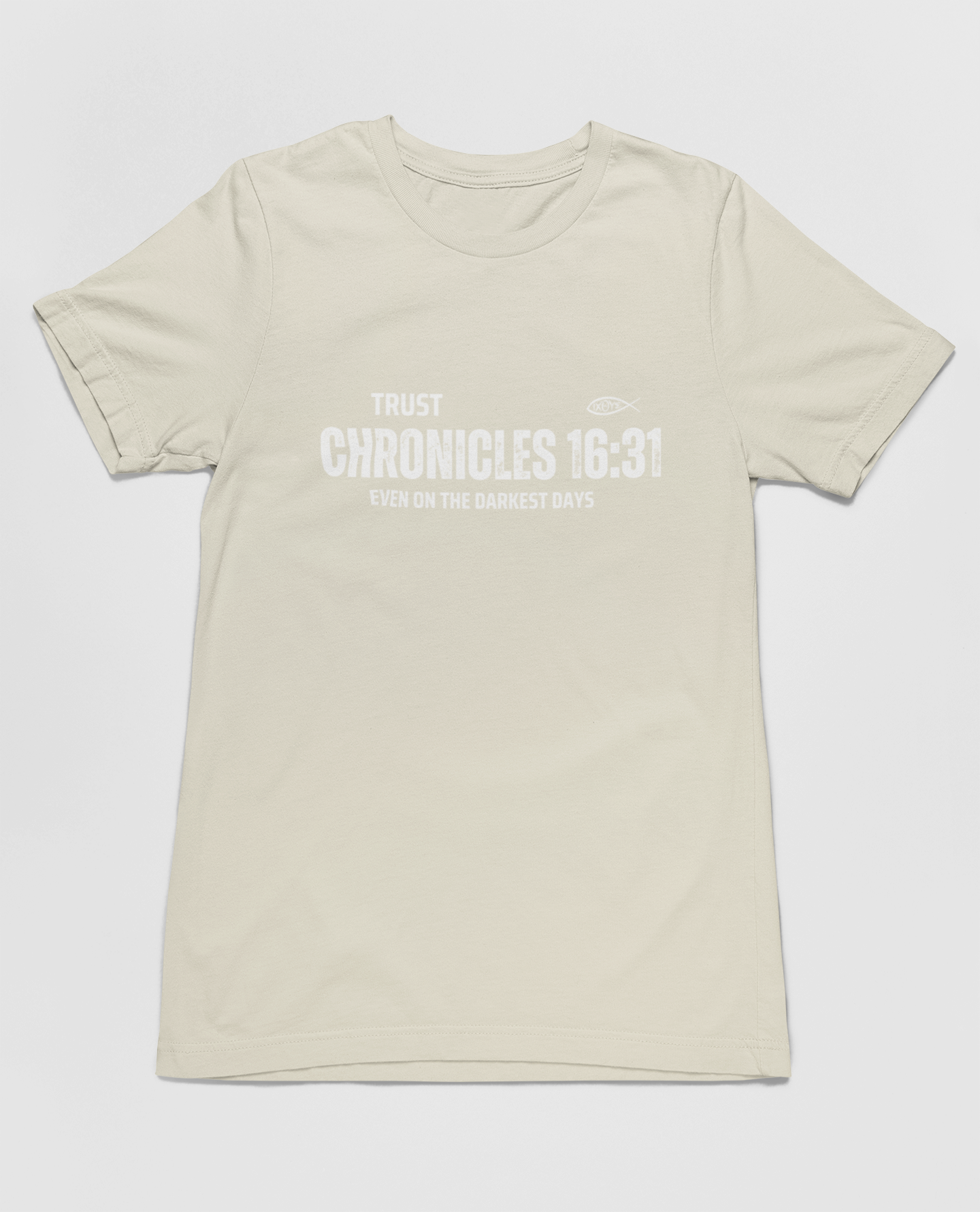 "light beige t-shirt featuring Chronicles 16:31 scripture and ichthys symbol design."
"Faith-inspired Chronicles 16:31 t-shirt with minimalist typography."
"Trust Chronicles 16:31 t-shirt for strength and encouragement in faith."
"Christian t-shirt featuring scripture design with ichthys symbol."
"Inspirational Bible verse t-shirt for everyday faith expression."