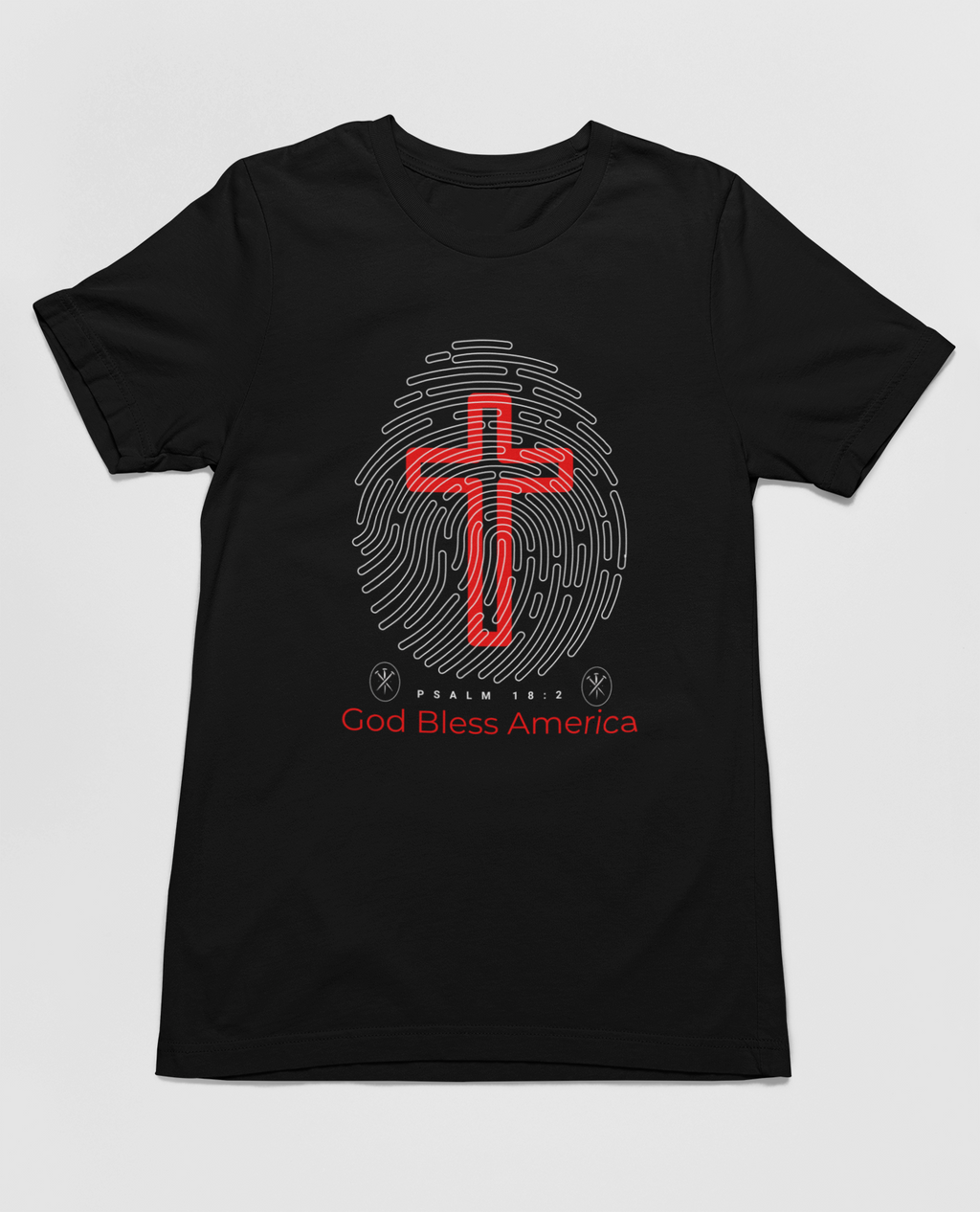 "God Bless America t-shirt with fingerprint and red cross design."
"Christian patriotic t-shirt featuring Psalm 18:2 scripture."
"Stylish and comfortable faith-based shirt for all occasions."
"Red cross design on a light blue Christian t-shirt."
"Patriotic and spiritual apparel with unique fingerprint graphic."