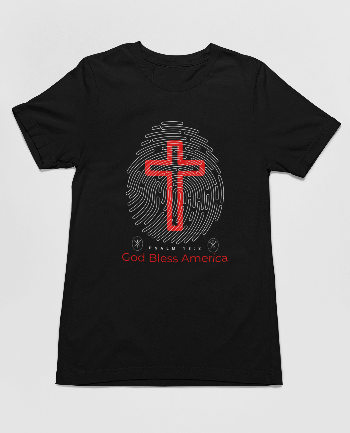 "God Bless America t-shirt with fingerprint and red cross design."
"Christian patriotic t-shirt featuring Psalm 18:2 scripture."
"Stylish and comfortable faith-based shirt for all occasions."
"Red cross design on a light blue Christian t-shirt."
"Patriotic and spiritual apparel with unique fingerprint graphic."