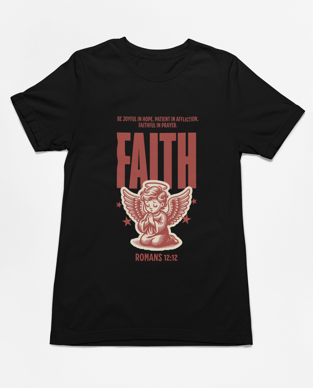 "Christian T-Shirt with 'Faith Romans 12:12' and angel illustration."
"Inspirational faith-based apparel with Bible verse design."
"Religious t-shirt for men and women with angel graphic and 'Faith' typography."
"Comfortable and soft Christian tee for everyday wear and church events."
"Uplifting Bible verse shirt spreading hope, faith, and love."