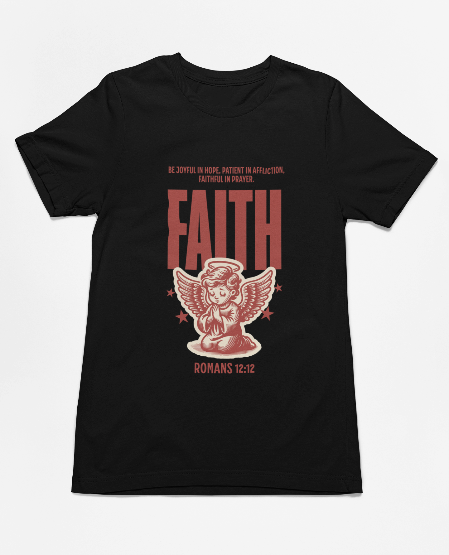 "Christian T-Shirt with 'Faith Romans 12:12' and angel illustration."
"Inspirational faith-based apparel with Bible verse design."
"Religious t-shirt for men and women with angel graphic and 'Faith' typography."
"Comfortable and soft Christian tee for everyday wear and church events."
"Uplifting Bible verse shirt spreading hope, faith, and love."