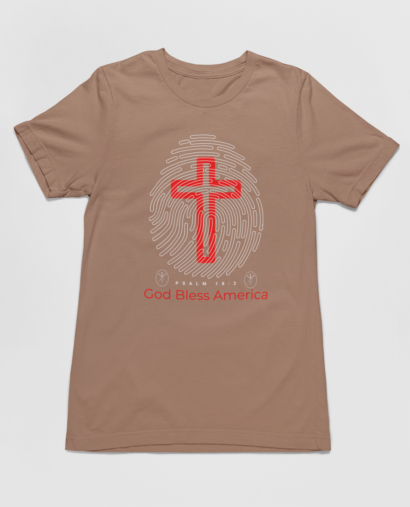 "God Bless America t-shirt with fingerprint and red cross design."
"Christian patriotic t-shirt featuring Psalm 18:2 scripture."
"Stylish and comfortable faith-based shirt for all occasions."
"Red cross design on a light blue Christian t-shirt."
"Patriotic and spiritual apparel with unique fingerprint graphic."
