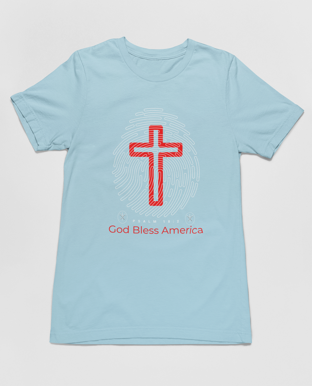 "God Bless America t-shirt with fingerprint and red cross design."
"Christian patriotic t-shirt featuring Psalm 18:2 scripture."
"Stylish and comfortable faith-based shirt for all occasions."
"Red cross design on a light blue Christian t-shirt."
"Patriotic and spiritual apparel with unique fingerprint graphic."