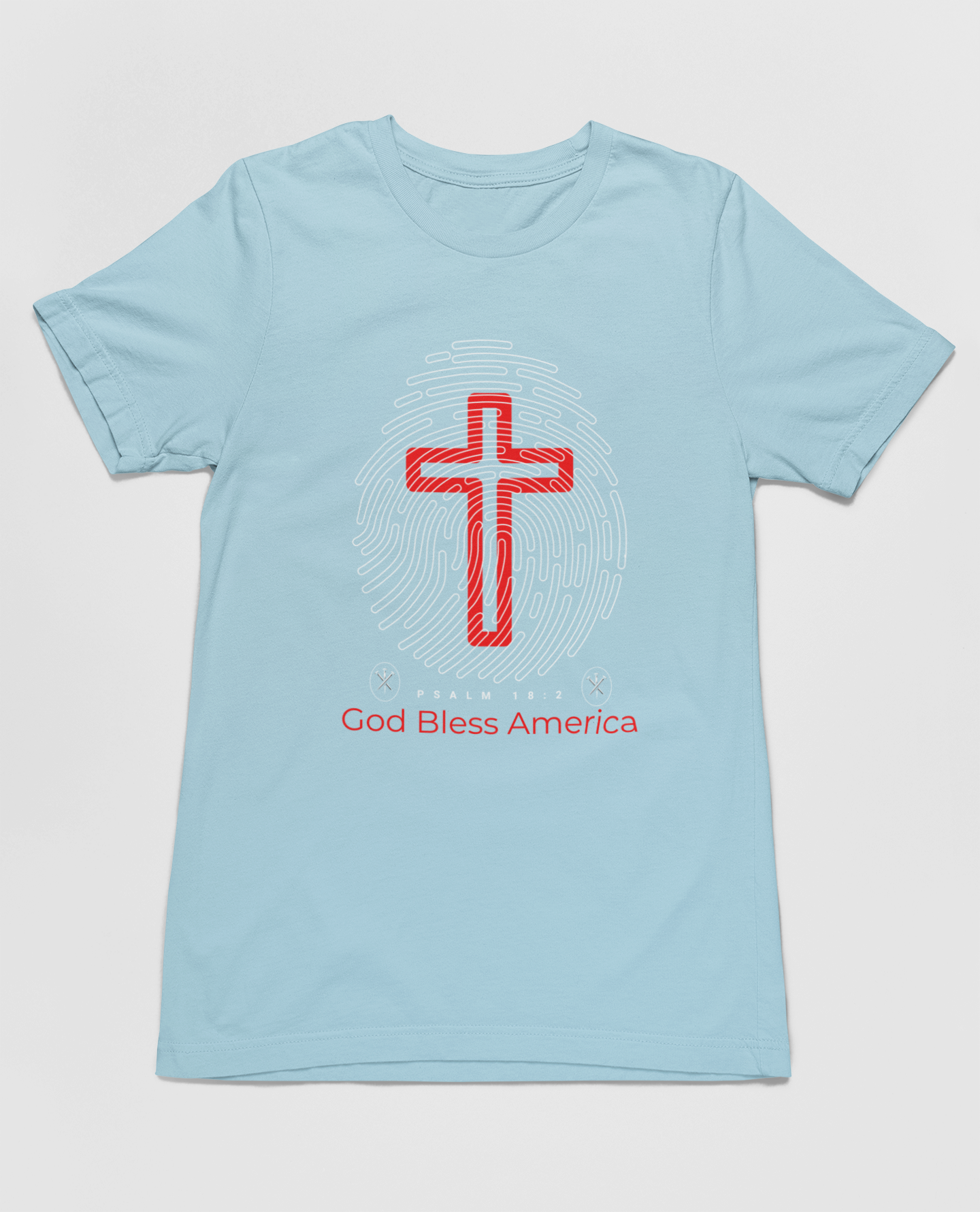 "God Bless America t-shirt with fingerprint and red cross design."
"Christian patriotic t-shirt featuring Psalm 18:2 scripture."
"Stylish and comfortable faith-based shirt for all occasions."
"Red cross design on a light blue Christian t-shirt."
"Patriotic and spiritual apparel with unique fingerprint graphic."