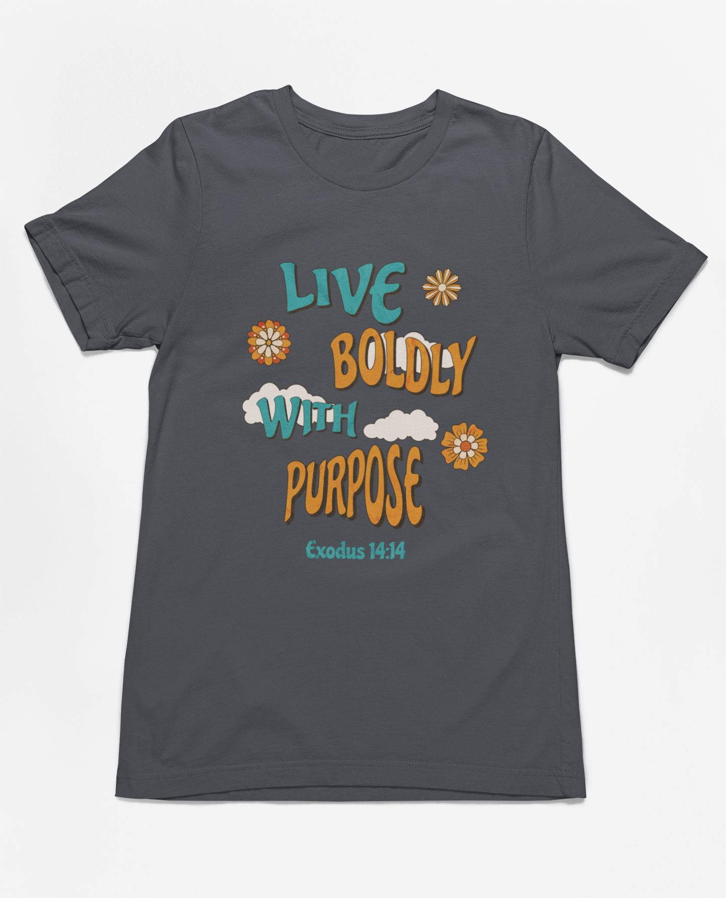 Christian Inspirational Live Boldly With Purpose T-Shirt, Exodus 14:14 scripture t-shirt, retro-inspired faith t-shirt, motivational Christian shirt, unisex faith-based apparel, inspirational religious clothing, cotton Christian shirt, floral retro scripture t-shirt, Christian outfit for believers