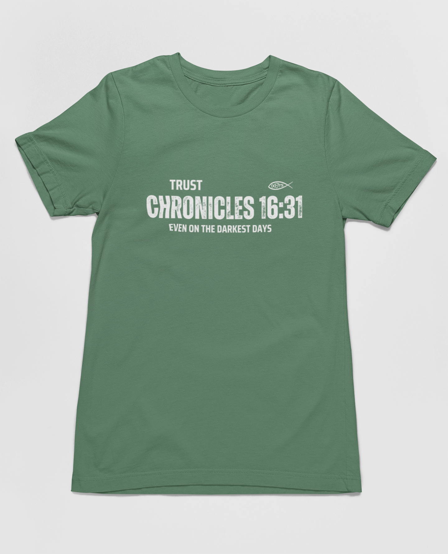 "light green t-shirt featuring Chronicles 16:31 scripture and ichthys symbol design."
"Faith-inspired Chronicles 16:31 t-shirt with minimalist typography."
"Trust Chronicles 16:31 t-shirt for strength and encouragement in faith."
"Christian t-shirt featuring scripture design with ichthys symbol."
"Inspirational Bible verse t-shirt for everyday faith expression."