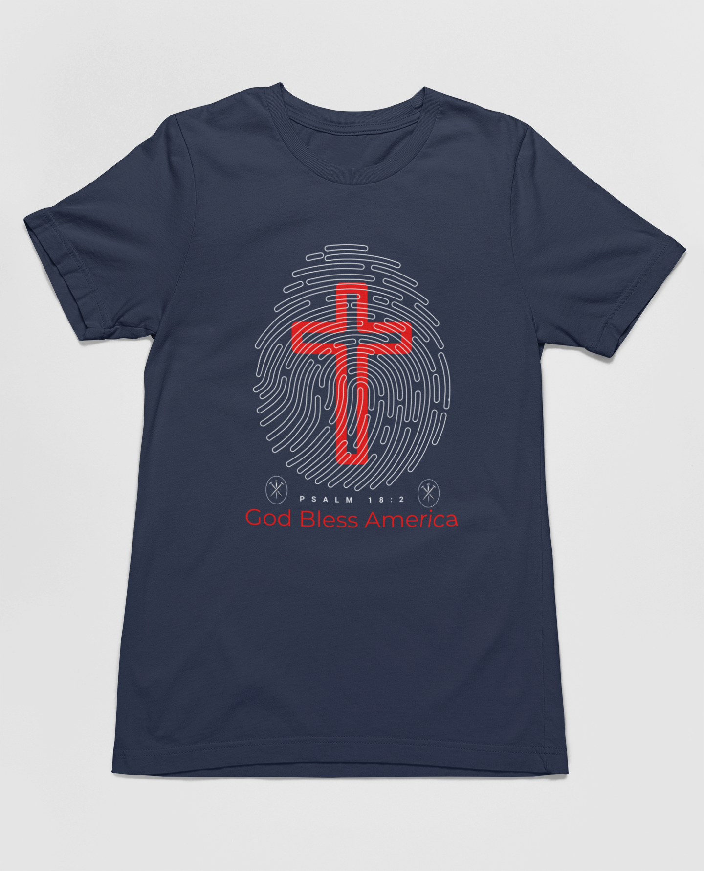 "God Bless America t-shirt with fingerprint and red cross design."
"Christian patriotic t-shirt featuring Psalm 18:2 scripture."
"Stylish and comfortable faith-based shirt for all occasions."
"Red cross design on a light blue Christian t-shirt."
"Patriotic and spiritual apparel with unique fingerprint graphic."