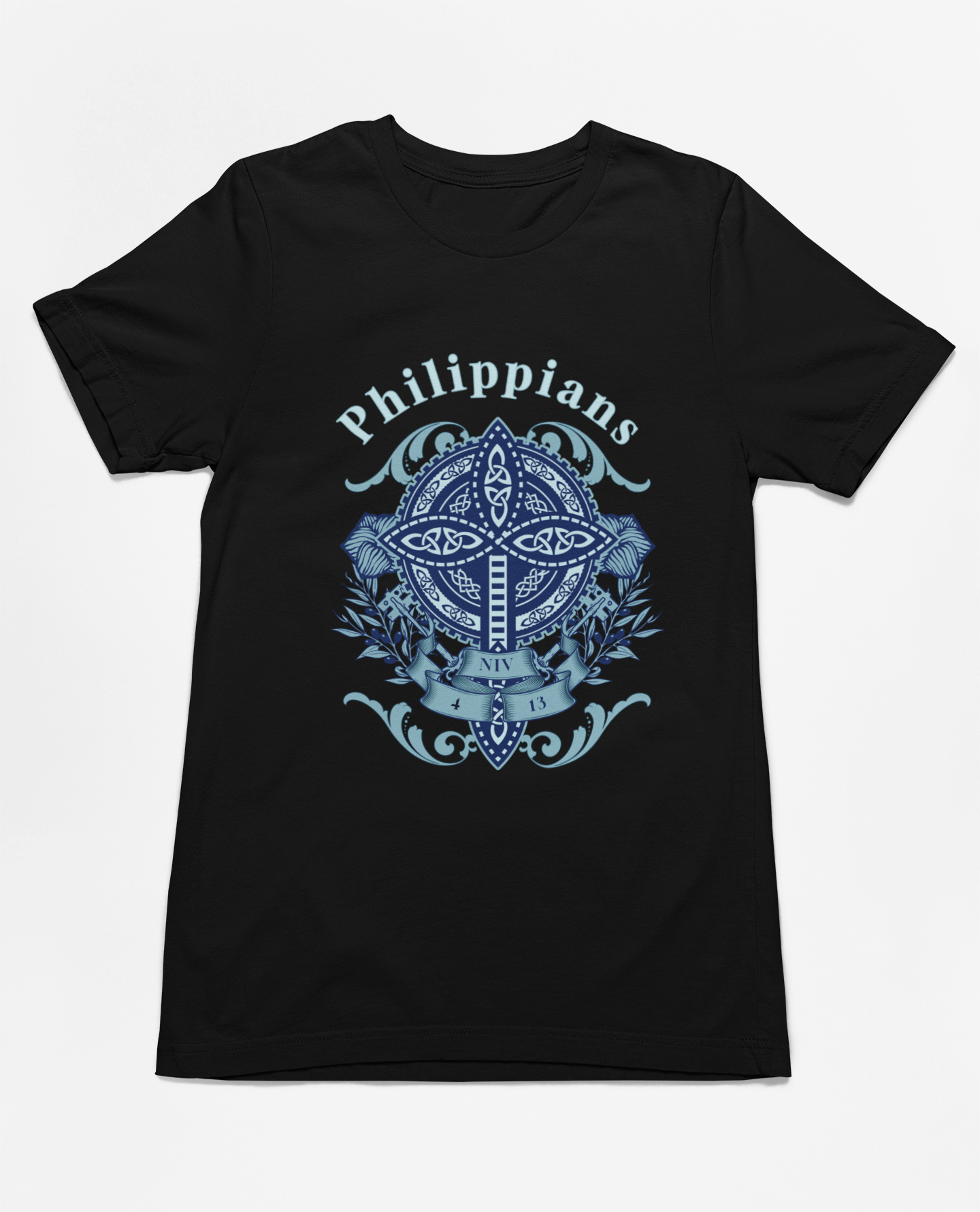 Christian Philippians 4:13 Faith T-Shirt featuring the inspiring Bible verse "I can do all things through Christ which strengtheneth me.," with a cross-centered graphic and floral accents.