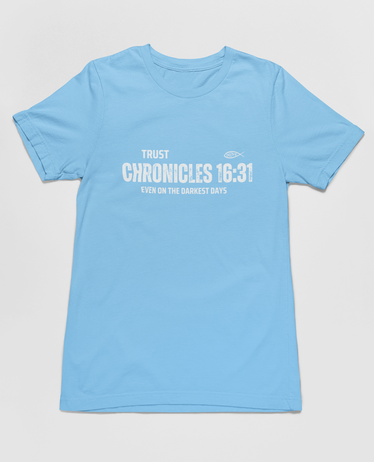 "light blue t-shirt featuring Chronicles 16:31 scripture and ichthys symbol design."
"Faith-inspired Chronicles 16:31 t-shirt with minimalist typography."
"Trust Chronicles 16:31 t-shirt for strength and encouragement in faith."
"Christian t-shirt featuring scripture design with ichthys symbol."
"Inspirational Bible verse t-shirt for everyday faith expression."