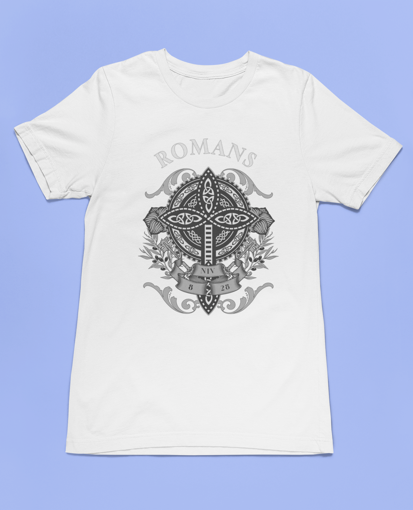 Christian Romans 8:28 Faith T-Shirt featuring the inspiring Bible verse "All Things Work Together for Good," with a cross-centered graphic and floral accents.