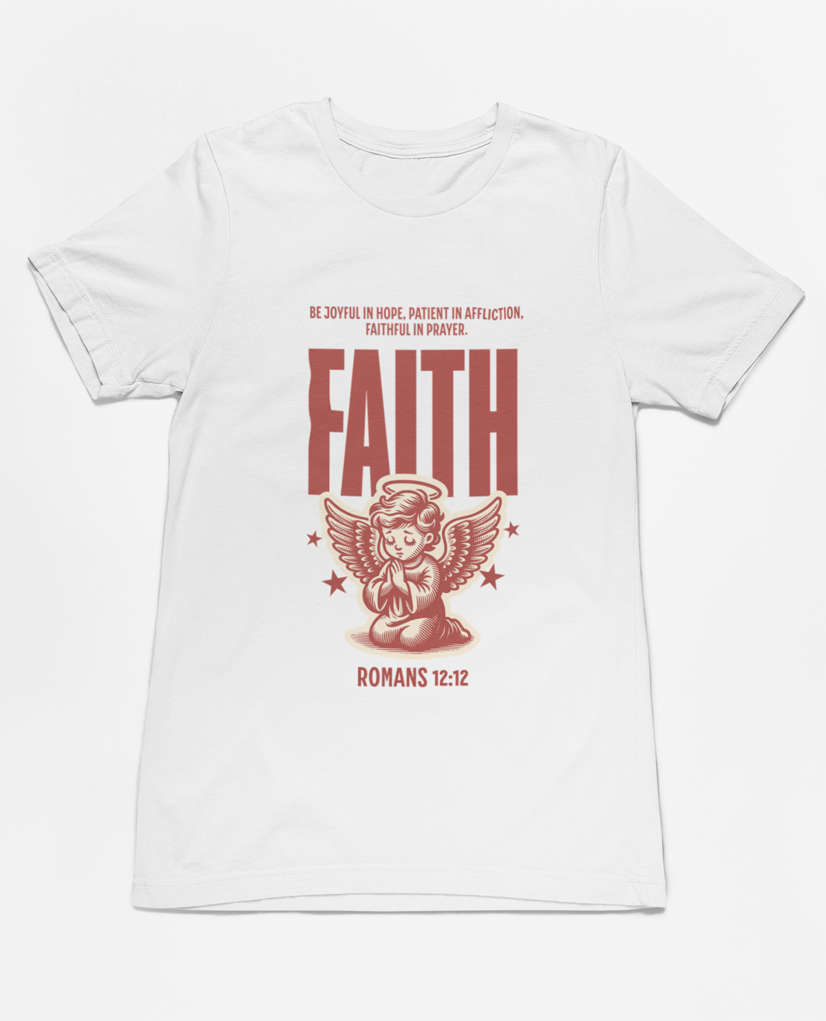 "Christian T-Shirt with 'Faith Romans 12:12' and angel illustration."
"Inspirational faith-based apparel with Bible verse design."
"Religious t-shirt for men and women with angel graphic and 'Faith' typography."
"Comfortable and soft Christian tee for everyday wear and church events."
"Uplifting Bible verse shirt spreading hope, faith, and love."