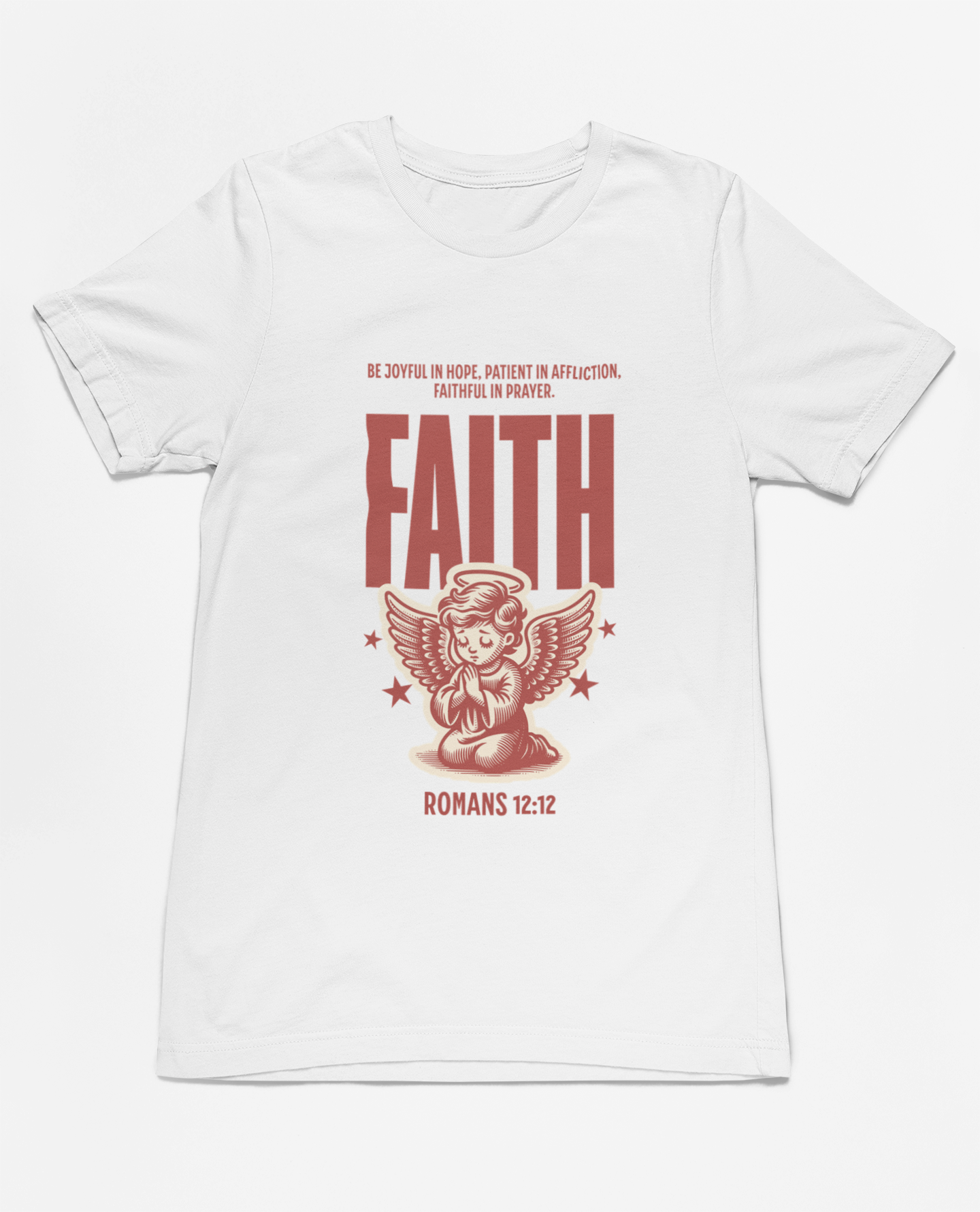 "Christian T-Shirt with 'Faith Romans 12:12' and angel illustration."
"Inspirational faith-based apparel with Bible verse design."
"Religious t-shirt for men and women with angel graphic and 'Faith' typography."
"Comfortable and soft Christian tee for everyday wear and church events."
"Uplifting Bible verse shirt spreading hope, faith, and love."