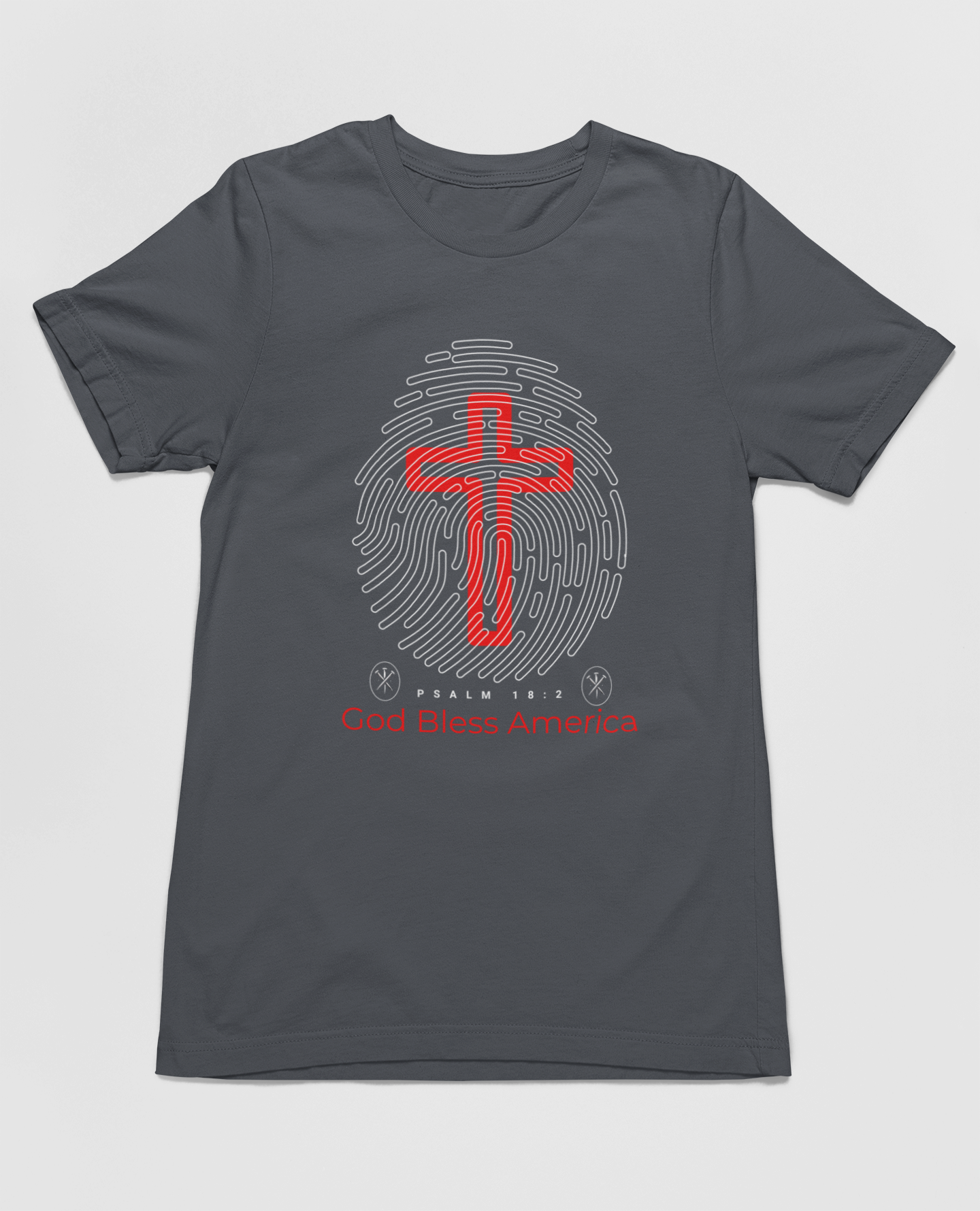 "God Bless America t-shirt with fingerprint and red cross design."
"Christian patriotic t-shirt featuring Psalm 18:2 scripture."
"Stylish and comfortable faith-based shirt for all occasions."
"Red cross design on a light blue Christian t-shirt."
"Patriotic and spiritual apparel with unique fingerprint graphic."