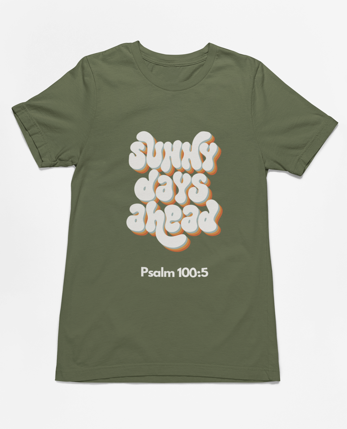 "Sunny Days Ahead t-shirt featuring Psalm 100:5 and retro typography in bold colors."
"Faith-inspired t-shirt with uplifting message and scripture, Psalm 100:5."
"heather green  t-shirt with retro typography and spiritual design."
"Christian t-shirt featuring ‘Sunny Days Ahead’ and inspirational message."
"Premium cotton t-shirt for faith-based fashion and everyday wear."