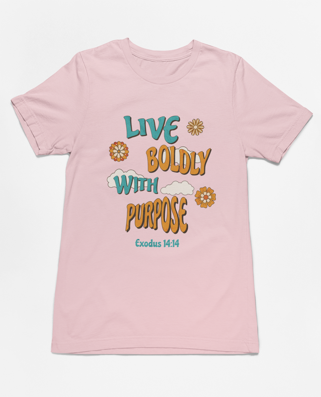 Christian Inspirational Live Boldly With Purpose T-Shirt, Exodus 14:14 scripture t-shirt, retro-inspired faith t-shirt, motivational Christian shirt, unisex faith-based apparel, inspirational religious clothing, cotton Christian shirt, floral retro scripture t-shirt, Christian outfit for believers