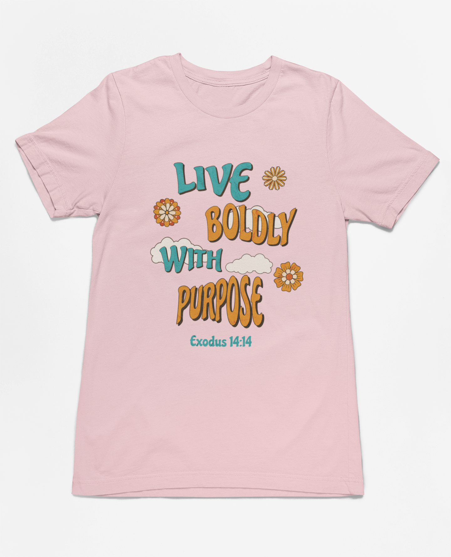 Christian Inspirational Live Boldly With Purpose T-Shirt, Exodus 14:14 scripture t-shirt, retro-inspired faith t-shirt, motivational Christian shirt, unisex faith-based apparel, inspirational religious clothing, cotton Christian shirt, floral retro scripture t-shirt, Christian outfit for believers
