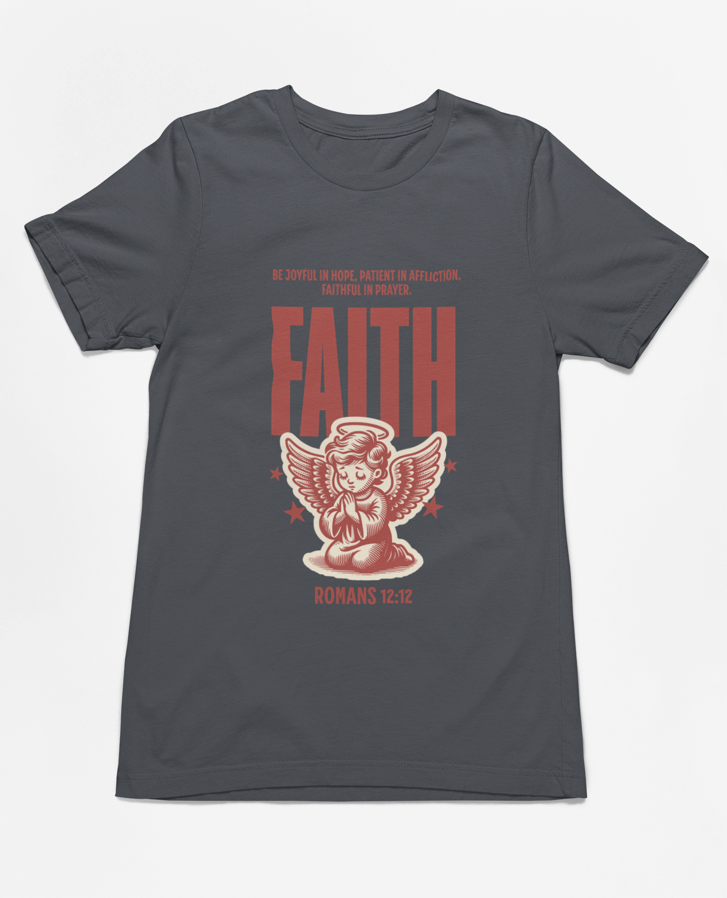"Christian T-Shirt with 'Faith Romans 12:12' and angel illustration."
"Inspirational faith-based apparel with Bible verse design."
"Religious t-shirt for men and women with angel graphic and 'Faith' typography."
"Comfortable and soft Christian tee for everyday wear and church events."
"Uplifting Bible verse shirt spreading hope, faith, and love."
